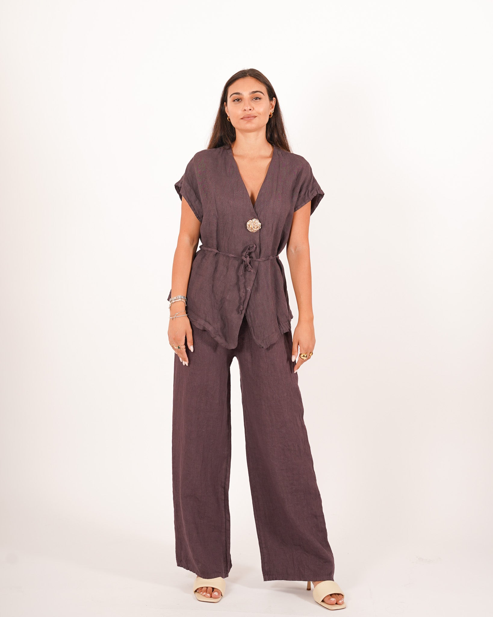 Gilet monopetto lungo con bottone oro e coulisse - Marilena