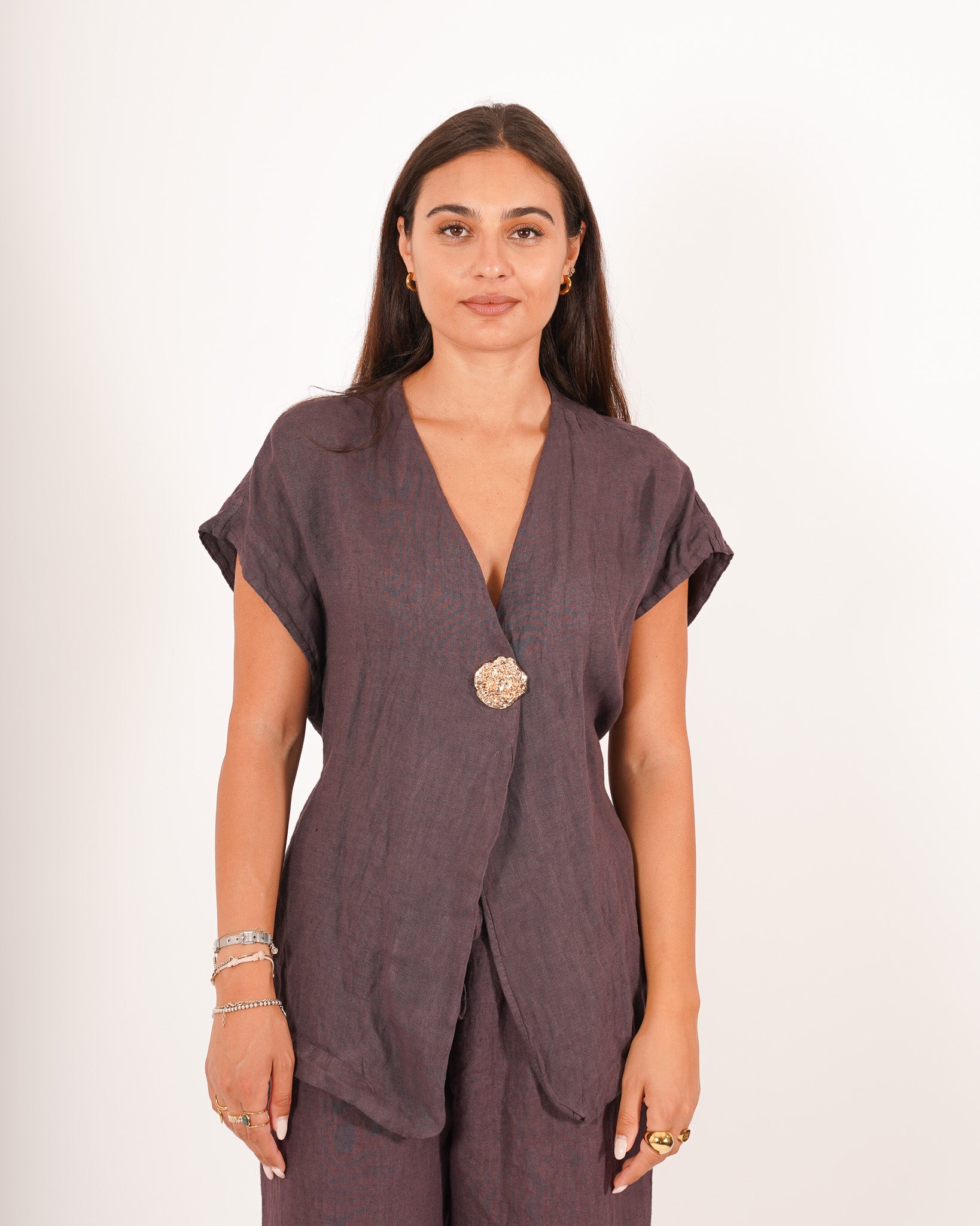 Gilet monopetto lungo con bottone oro e coulisse - Marilena
