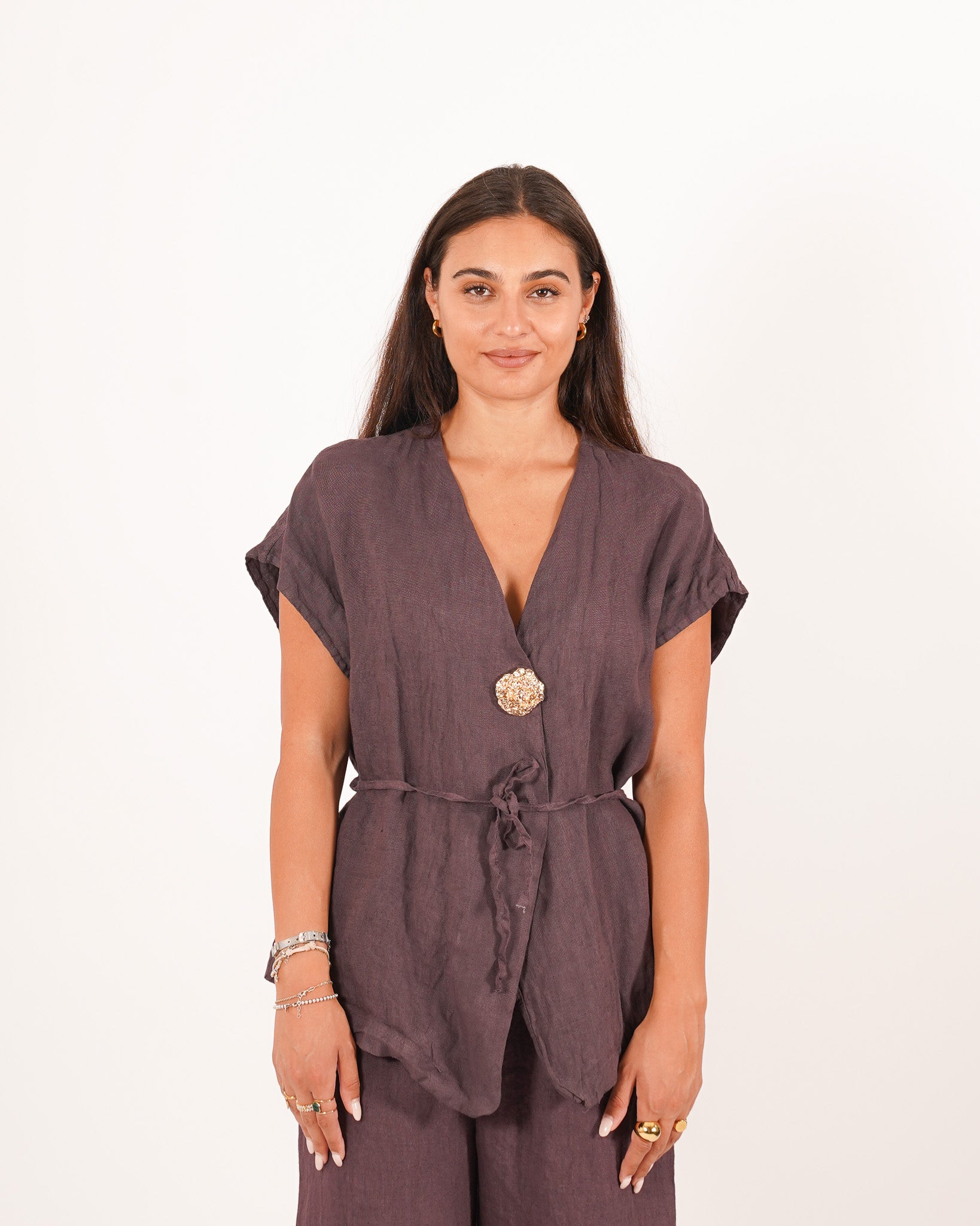Gilet monopetto lungo con bottone oro e coulisse - Marilena