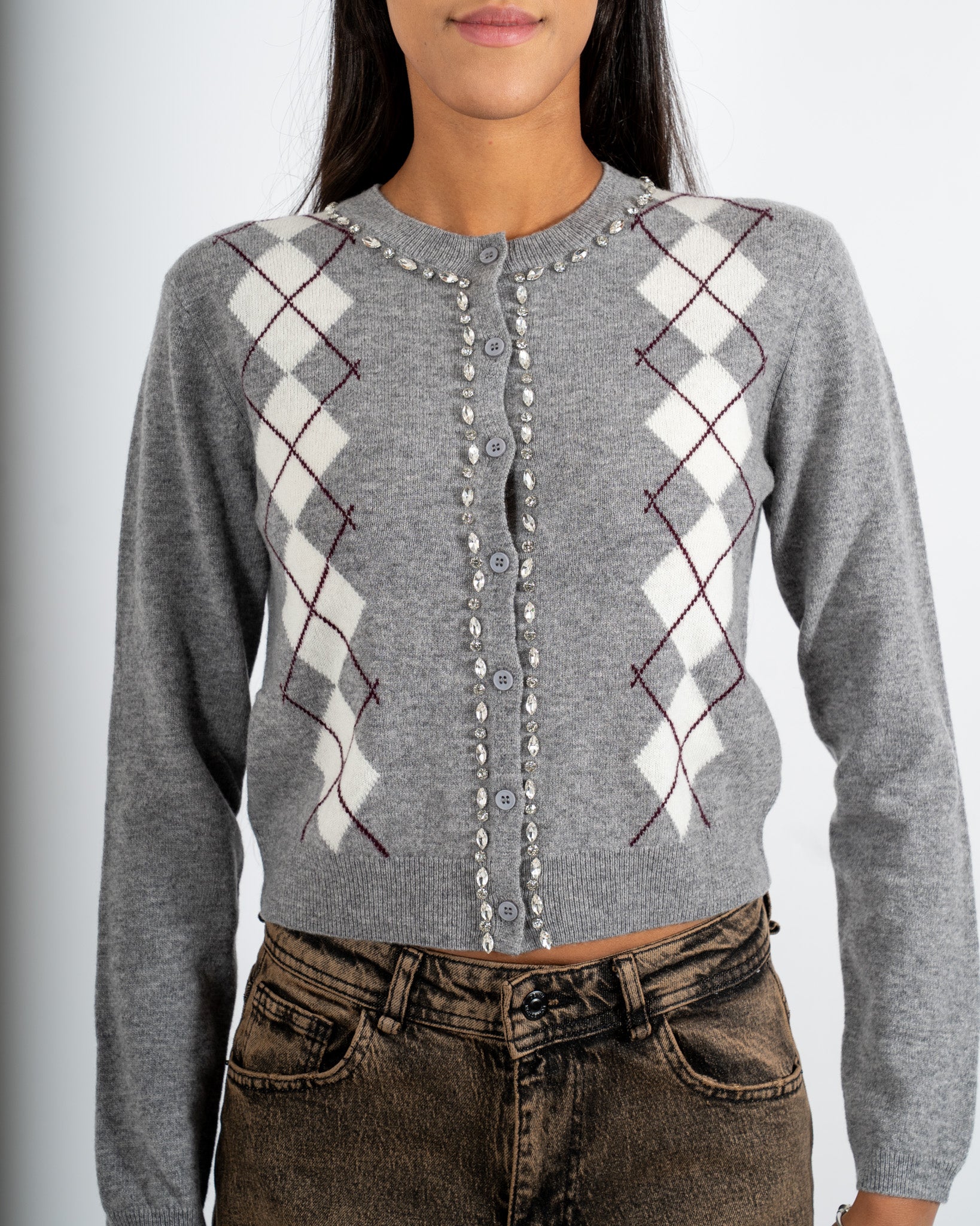 Cardigan con losanghe e applicazioni in lana - Dukla