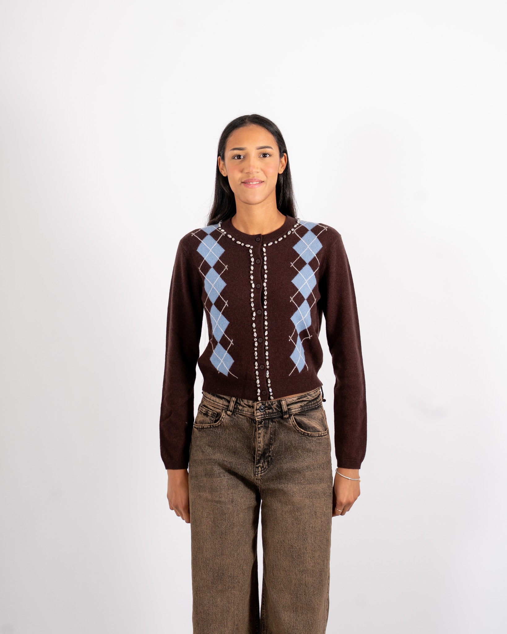Cardigan con losanghe e applicazioni in lana - Dukla