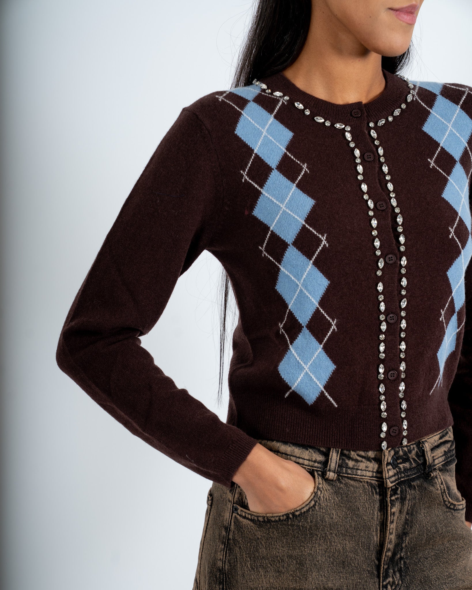 Cardigan con losanghe e applicazioni in lana - Dukla