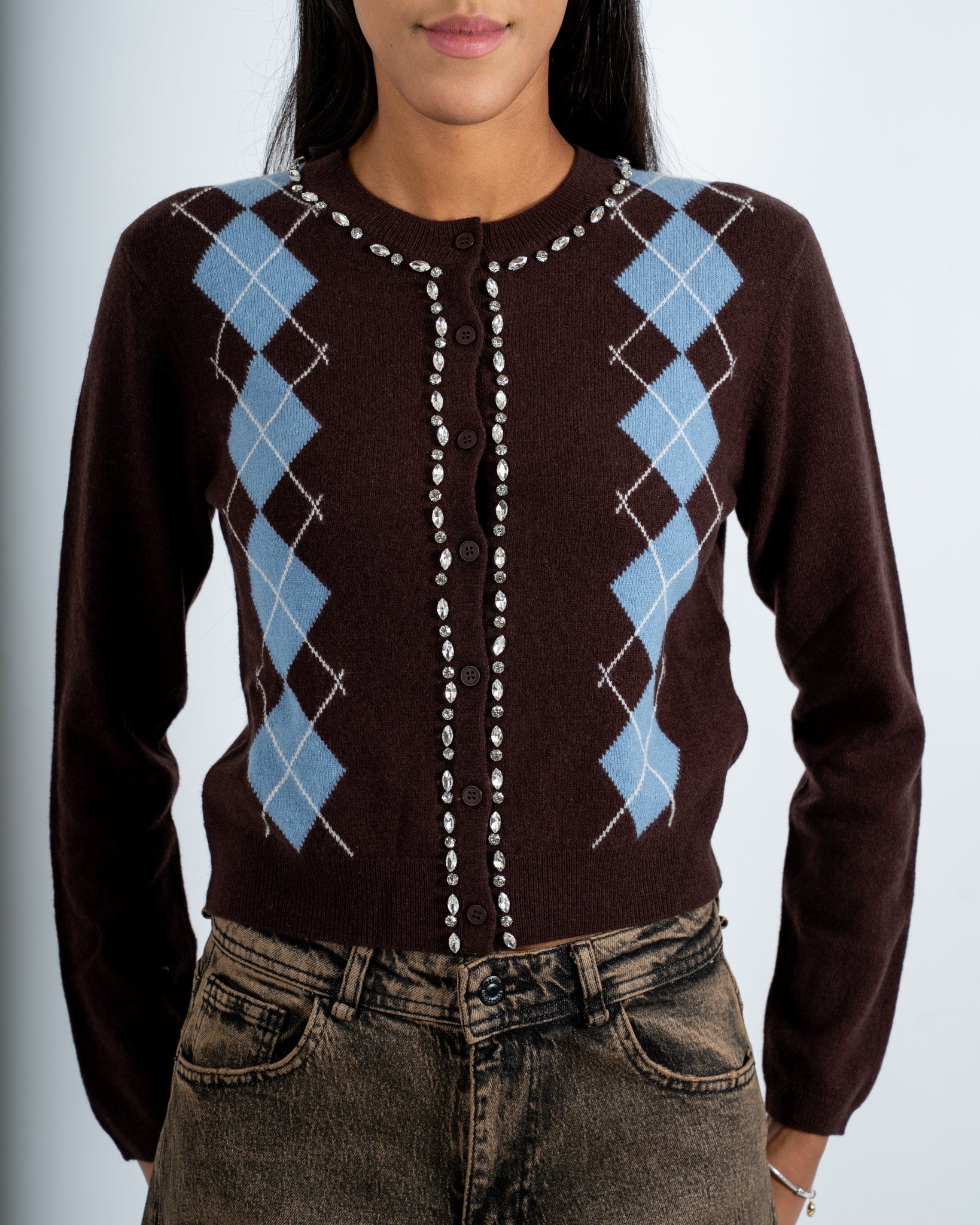 Cardigan con losanghe e applicazioni in lana - Dukla