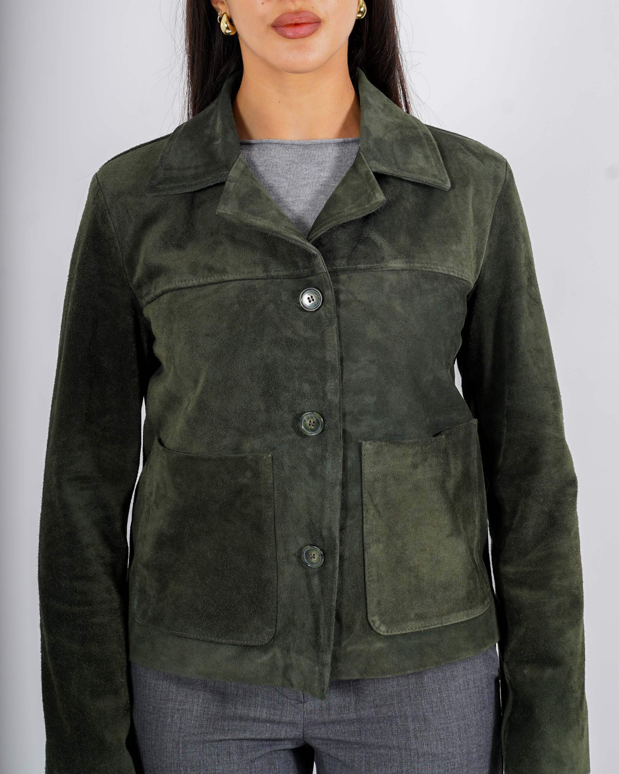 Bomber con bottoni e tasche a pattina in crosta vintage - Verna
