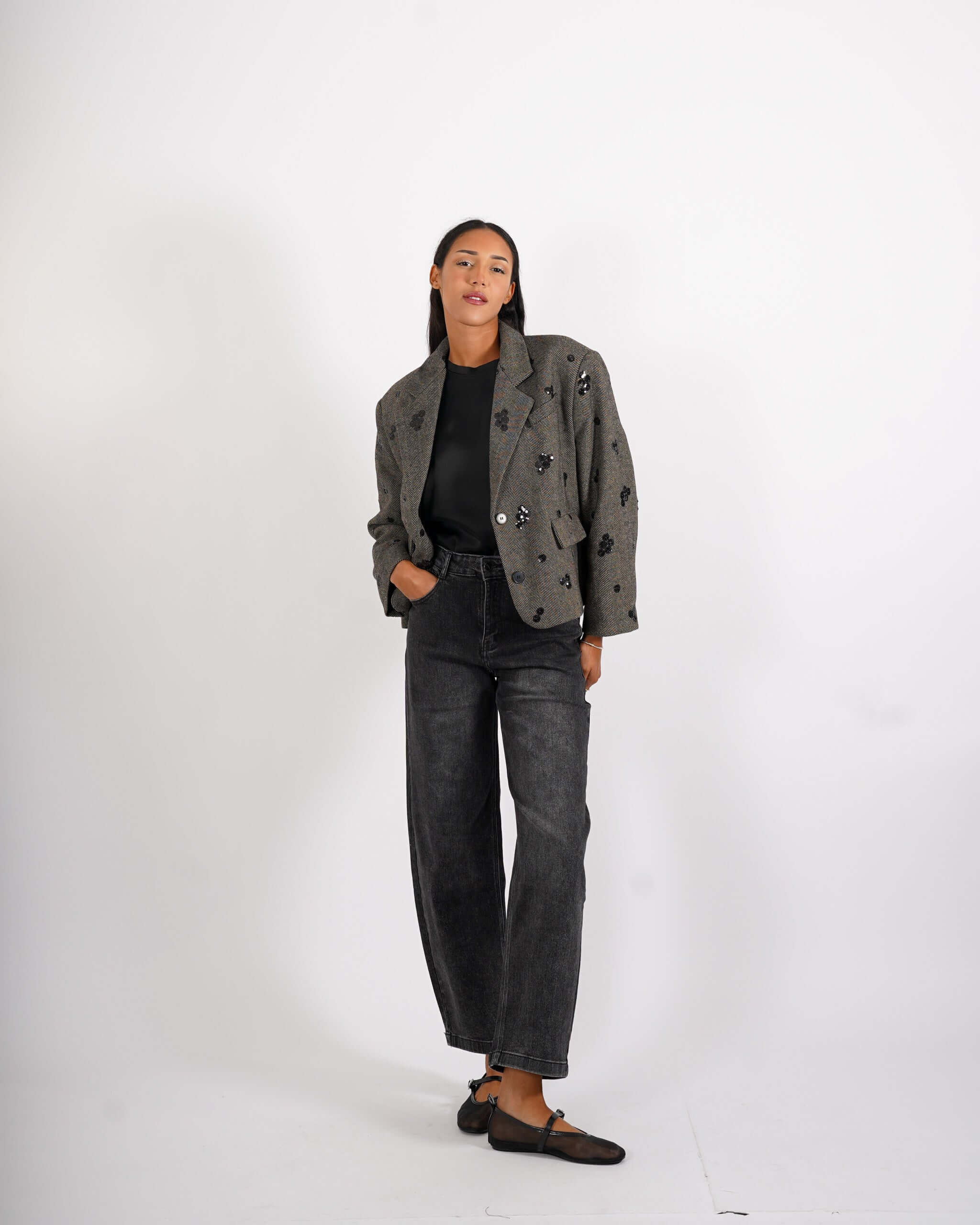 Giacca over monopetto con paillettes in tessuto spigato - Sassella - Hope Fashion