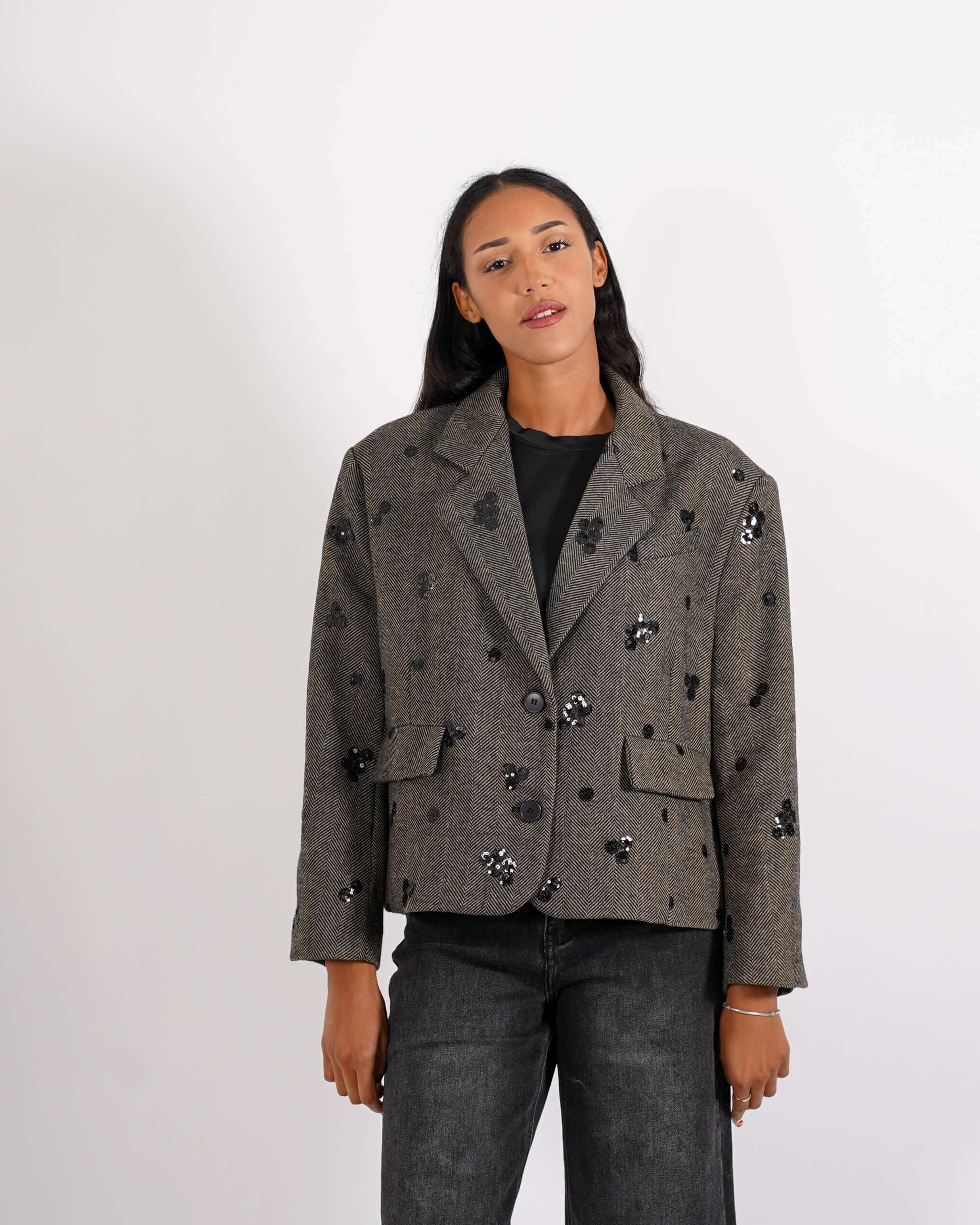 Giacca over monopetto con paillettes in tessuto spigato - Sassella - Hope Fashion