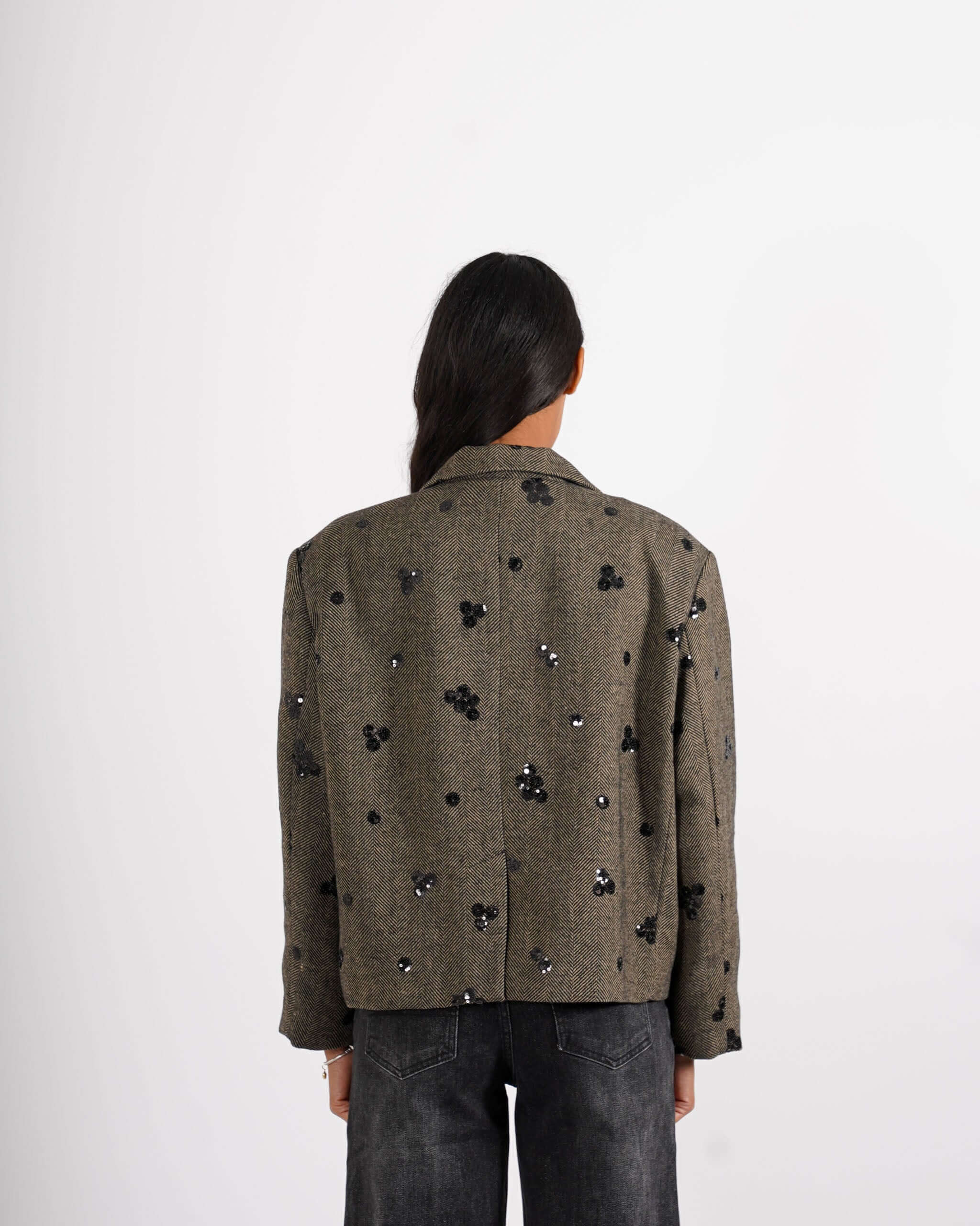 Giacca over monopetto con paillettes in tessuto spigato - Sassella - Hope Fashion