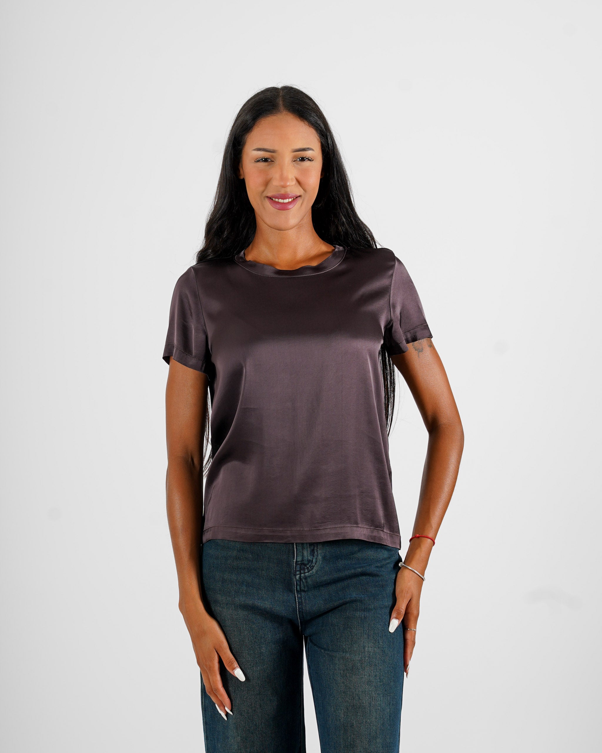 Blusa girocollo mezza manica in raso - Rewill