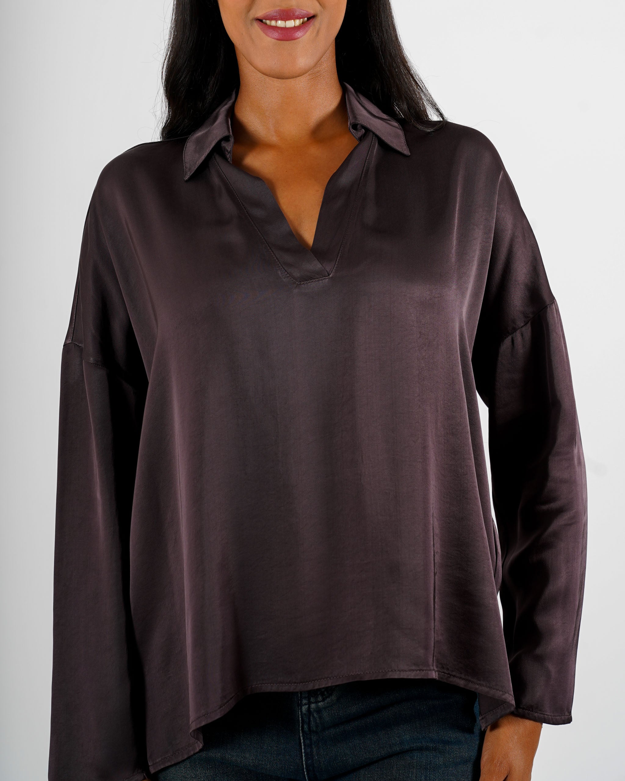 Blusa scollo a v manica lunga in mano raso - Vayana