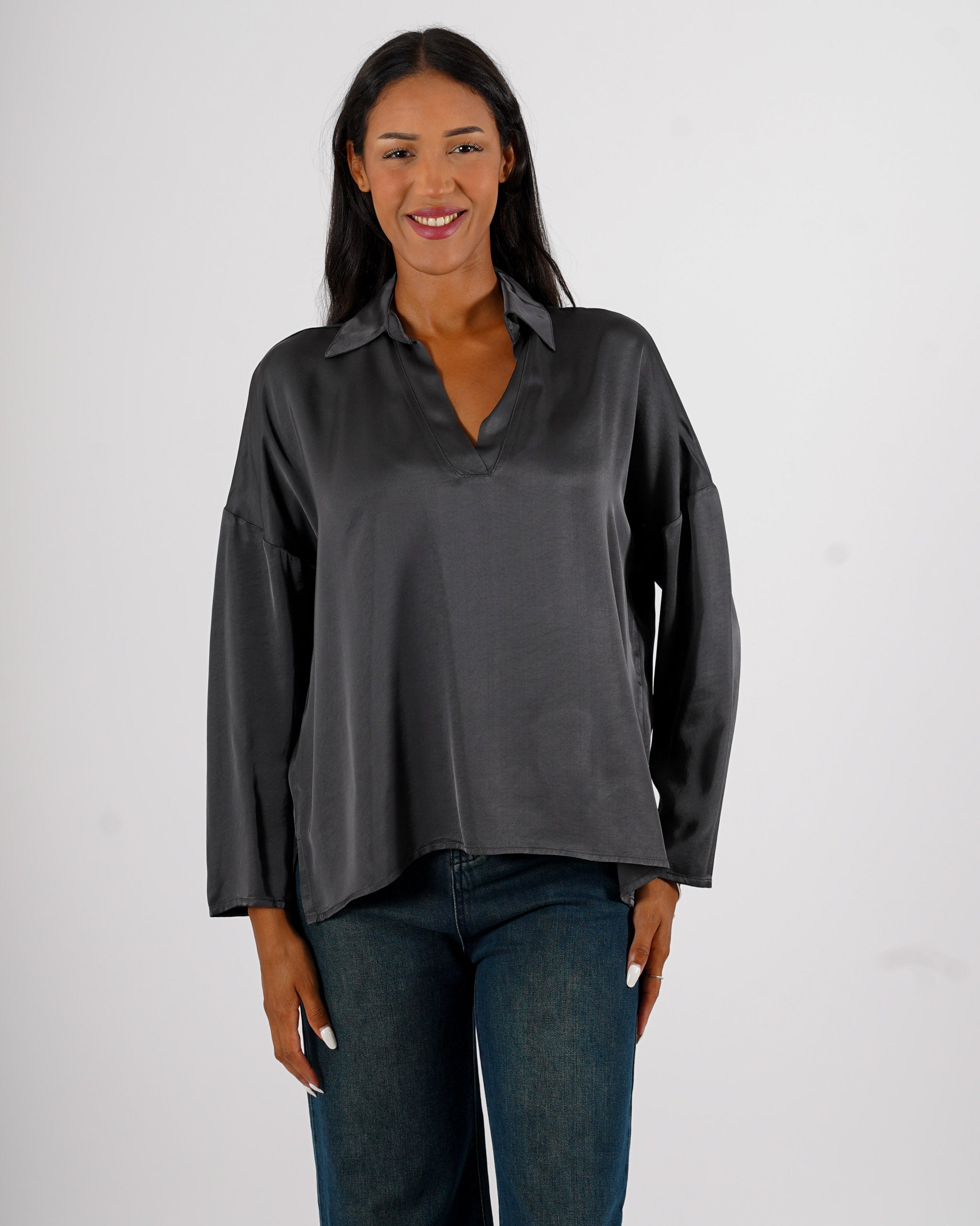 Blusa scollo a v manica lunga in mano raso - Vayana
