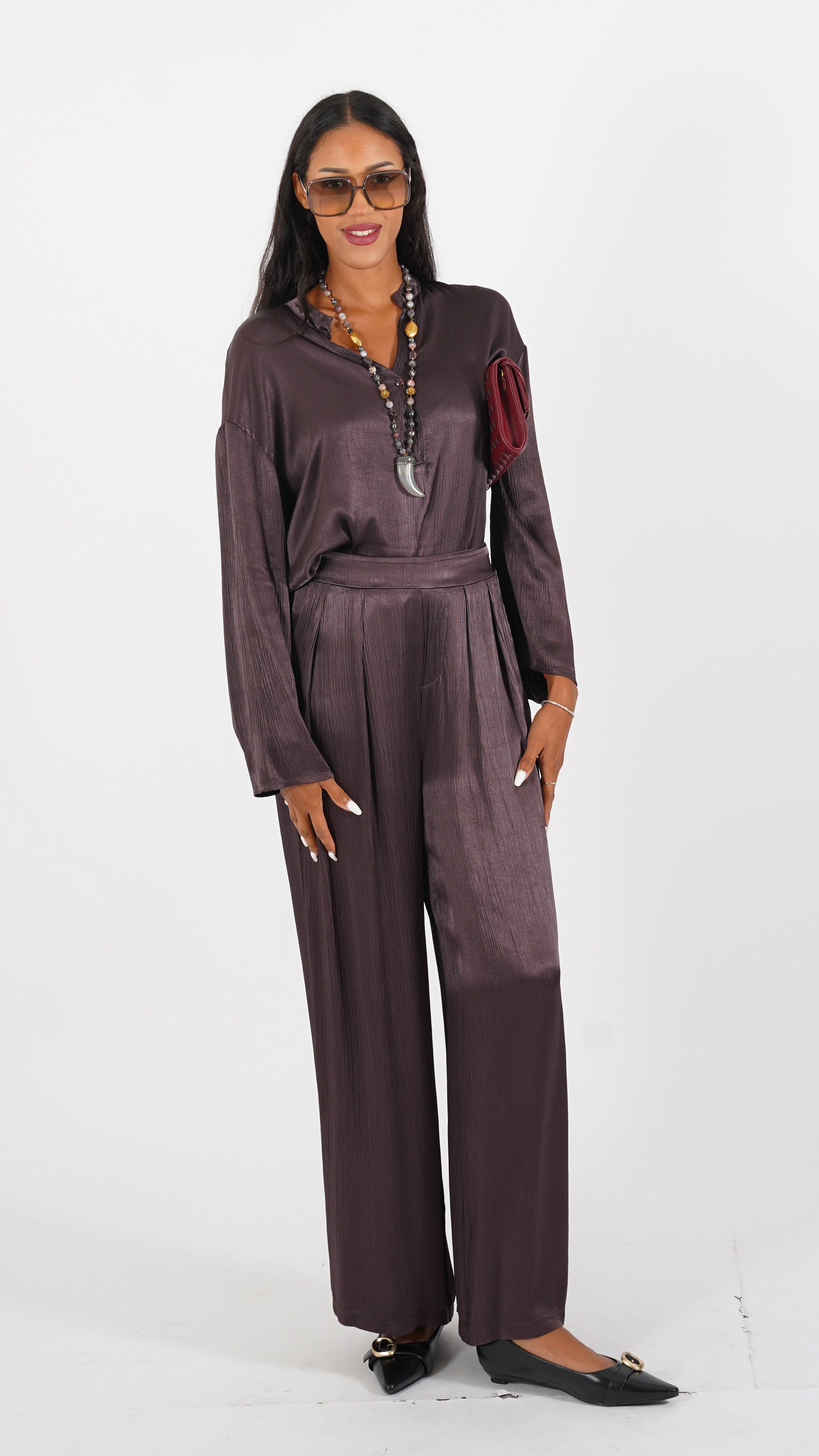 Blusa scollo a v manica lunga in raso stropicciato - Melfa