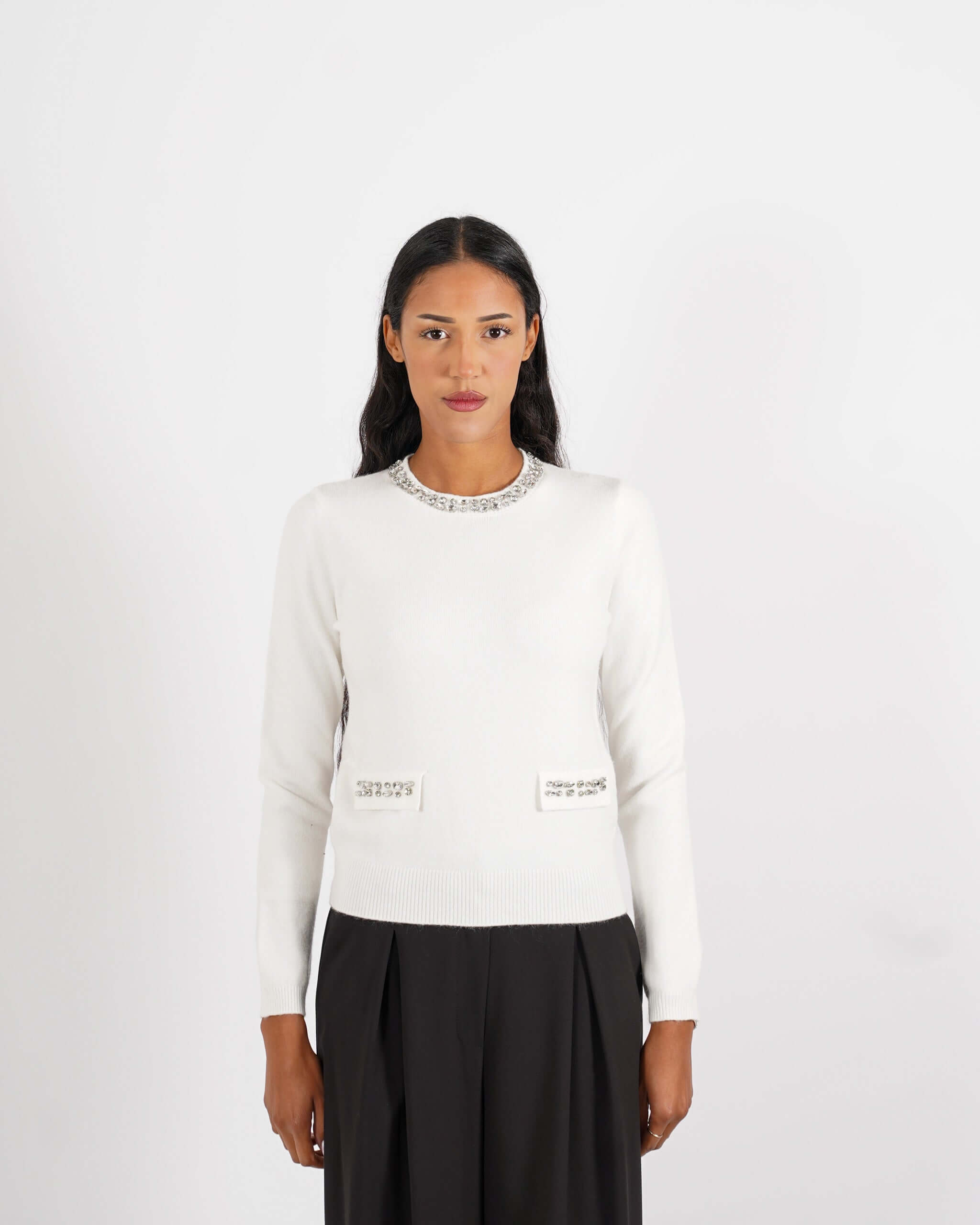 Maglia girocollo con applicazioni di strass - Pabla - Hope Fashion