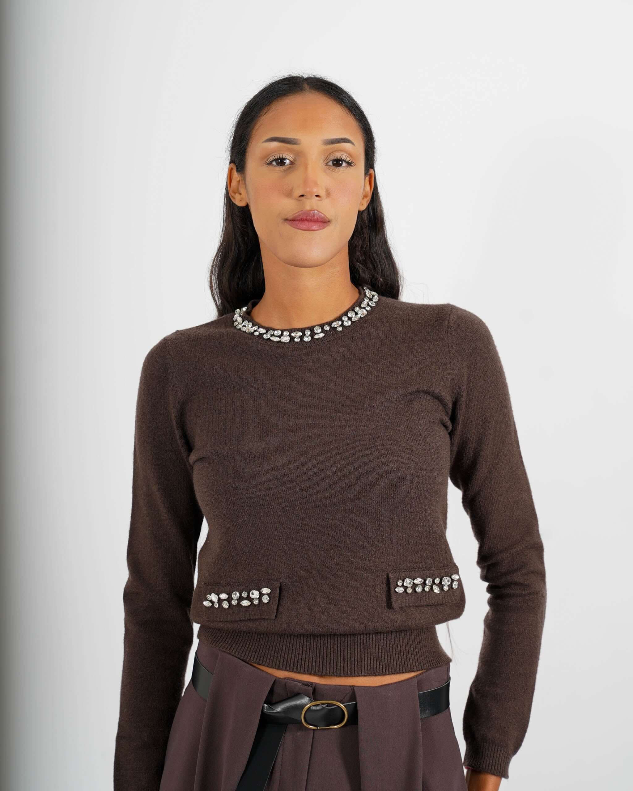 Maglia girocollo con applicazioni di strass - Pabla - Hope Fashion