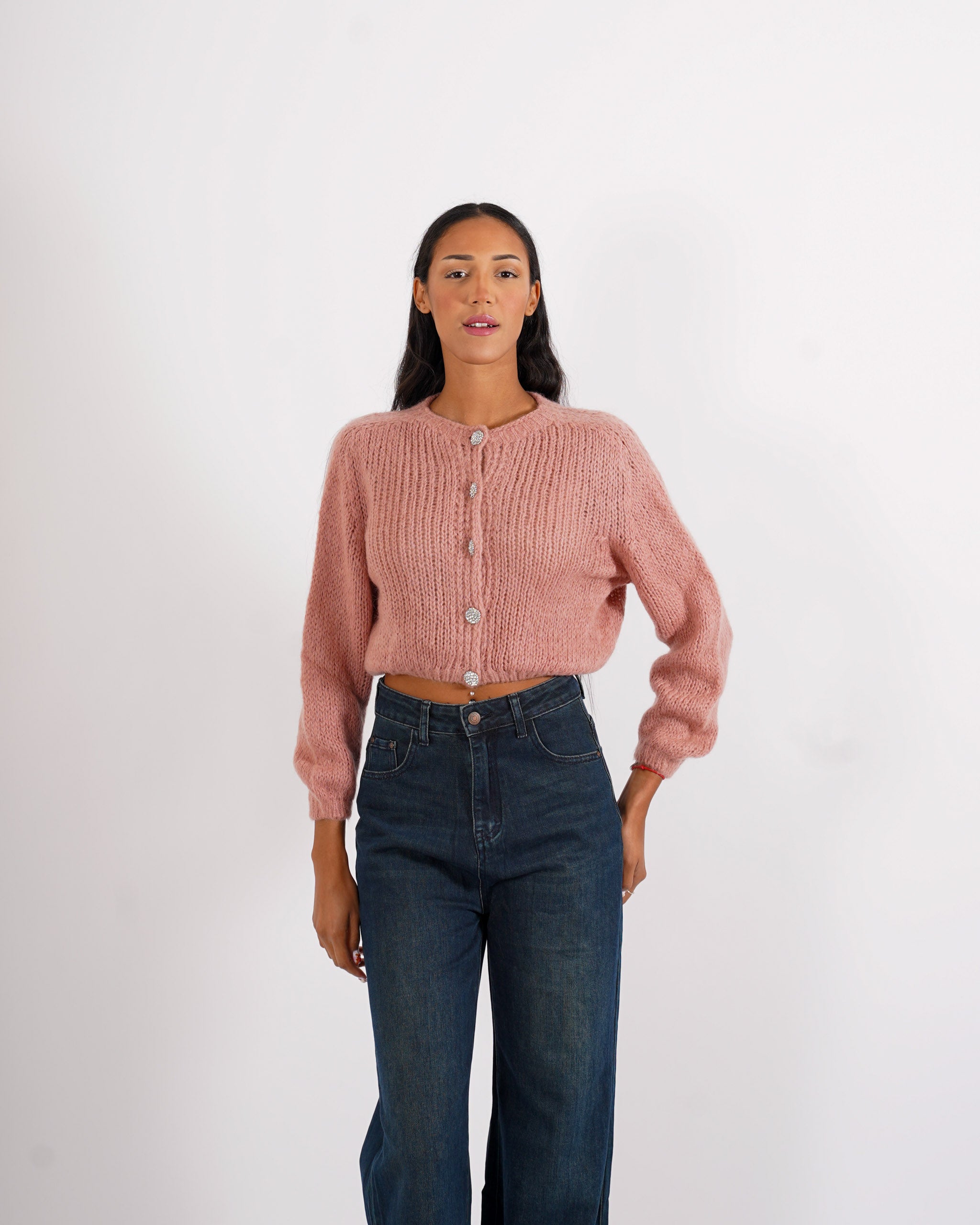 Cardigan con bottoni gioiello in lana mohair - Shade