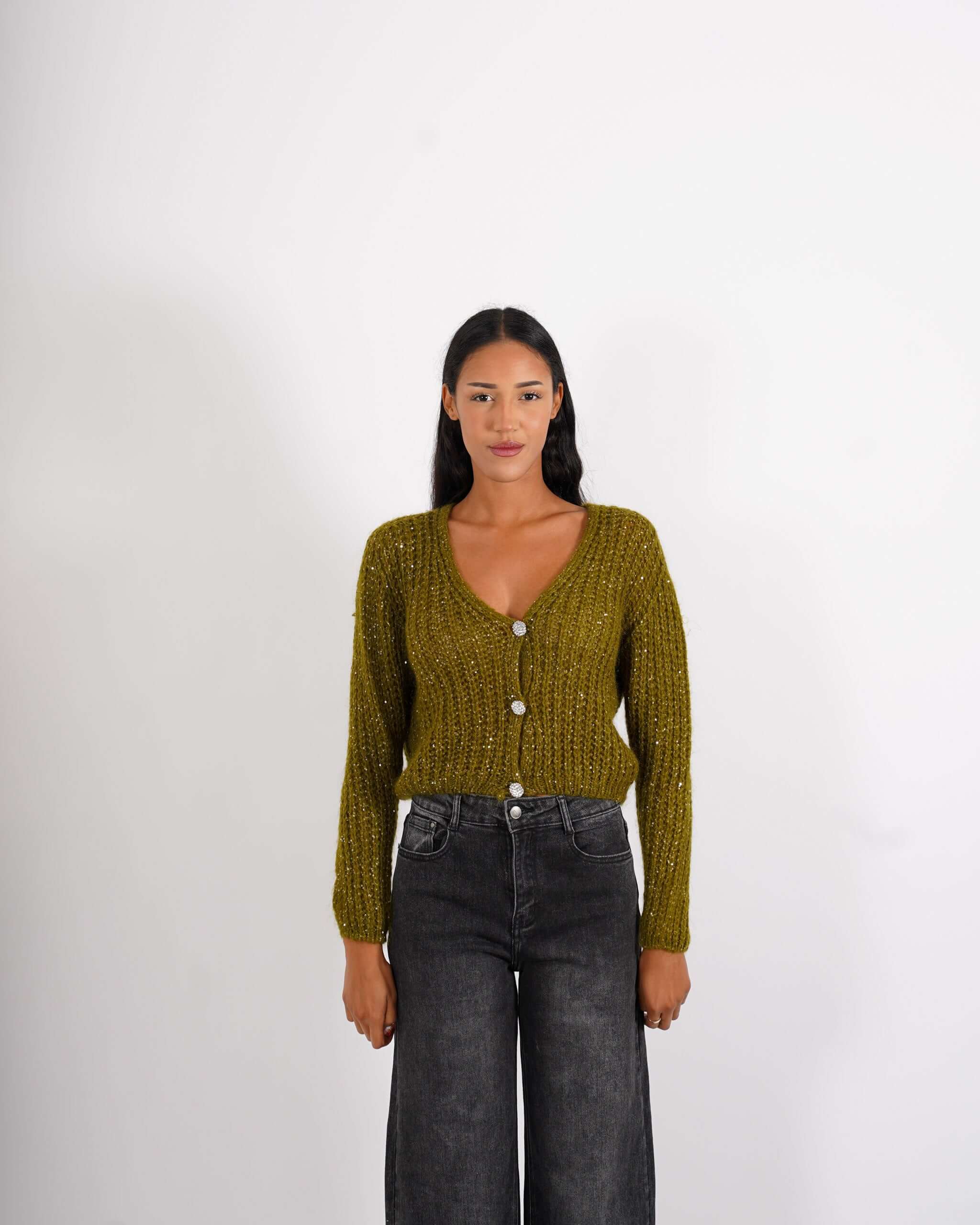 Cardigan con bottone gioiello in lana mohair - Rosalinda - Hope Fashion