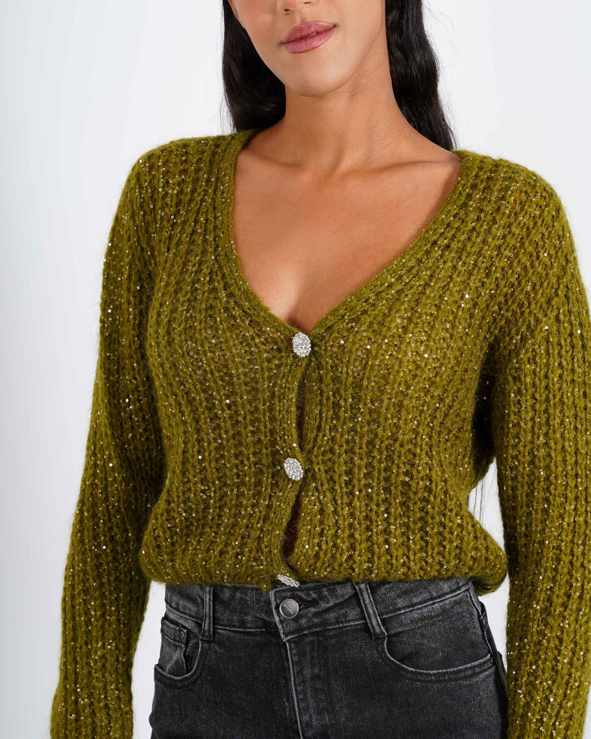 Cardigan con bottone gioiello in lana mohair - Rosalinda