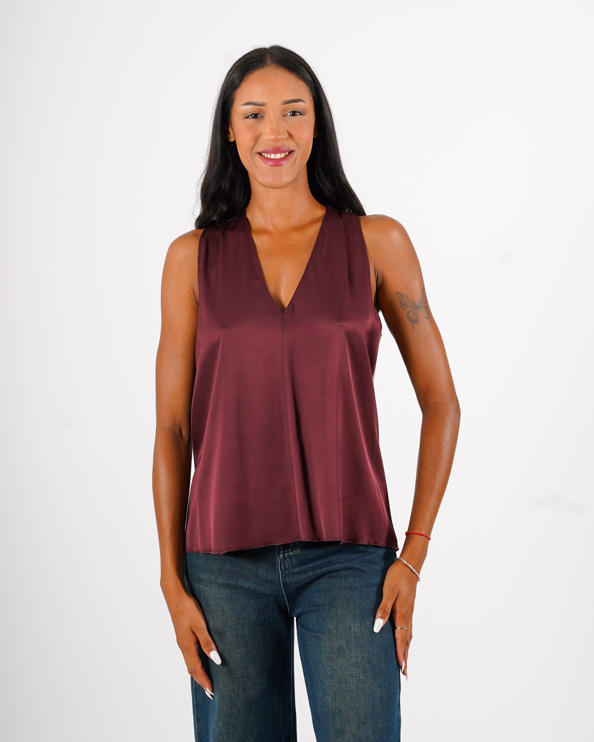 Blusa smanicata scollo a v in raso - Pausini