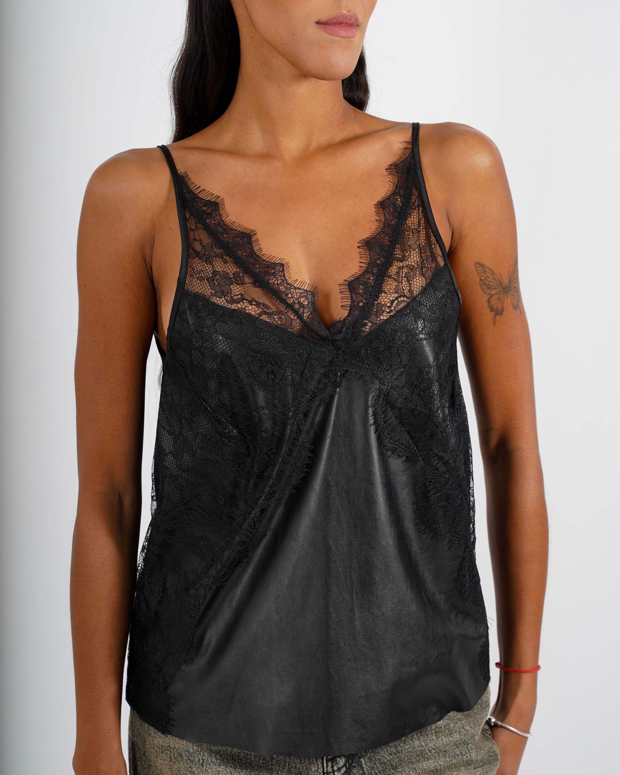 Canotta ecopelle con macramè di pizzo - Romantica - Hope Fashion