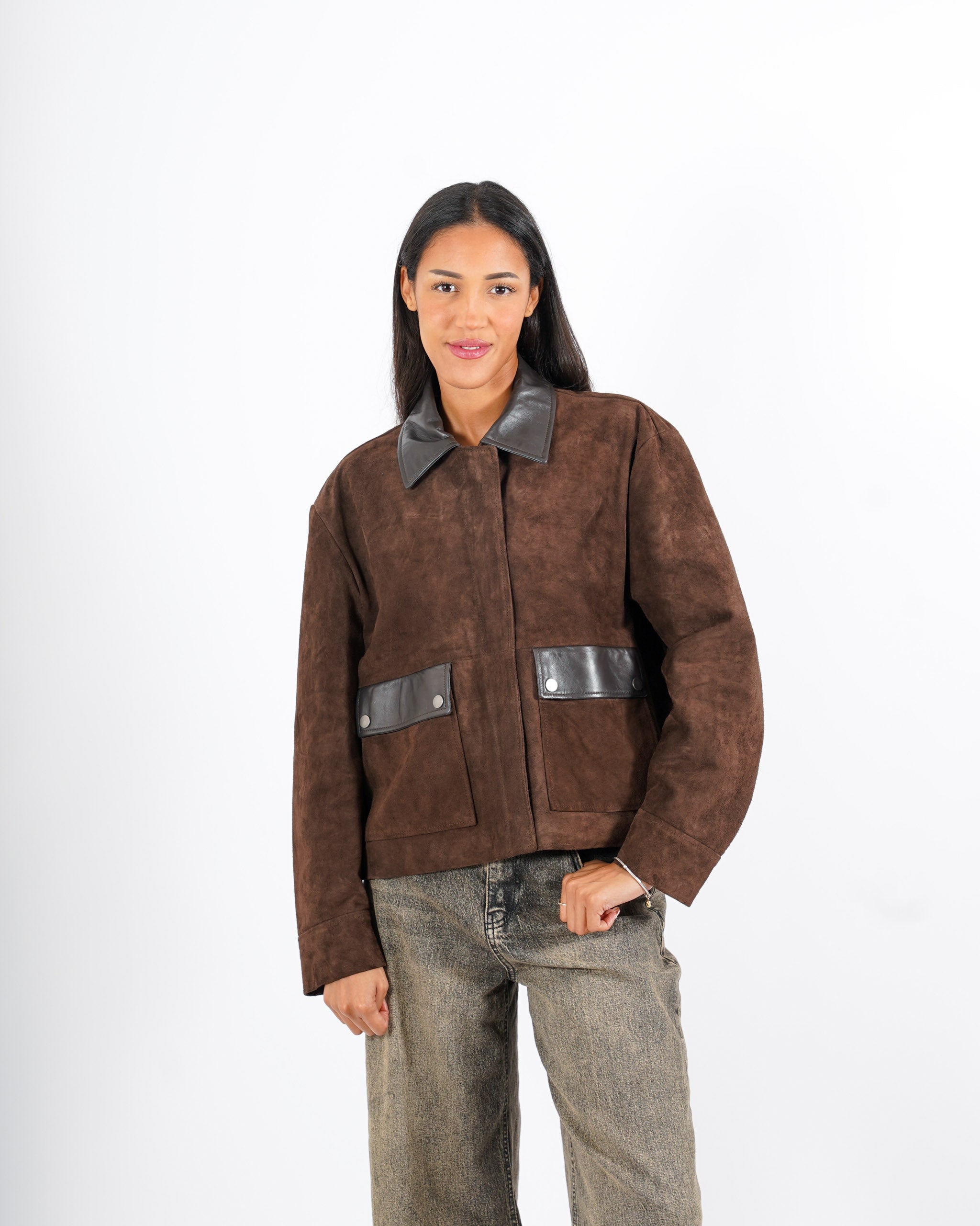 Giacca in crosta vintage con profili in pelle - Estrella