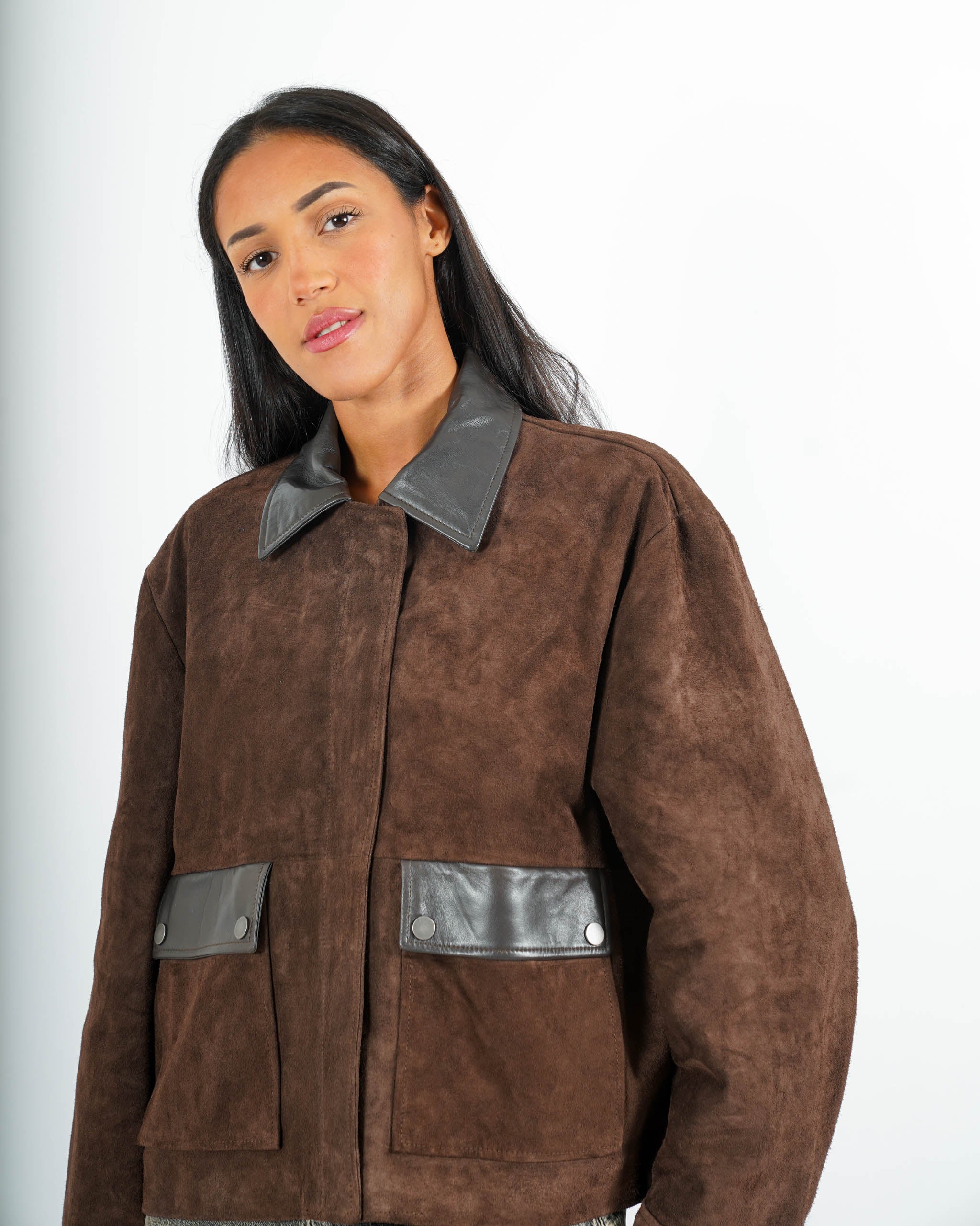 Giacca in crosta vintage con profili in pelle - Estrella