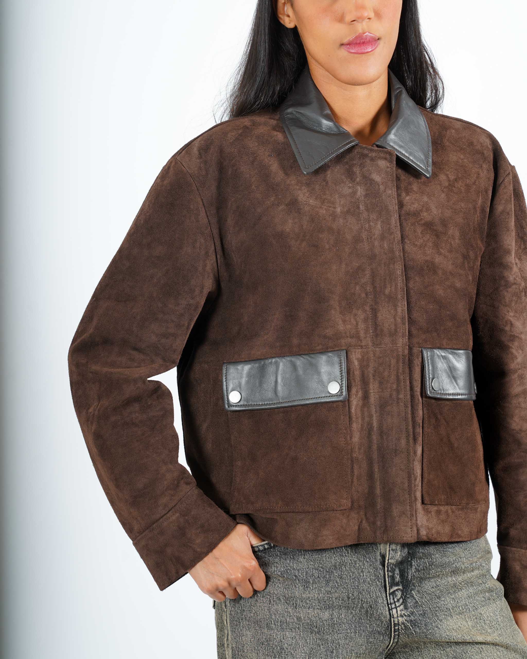 Giacca in crosta vintage con profili in pelle - Estrella