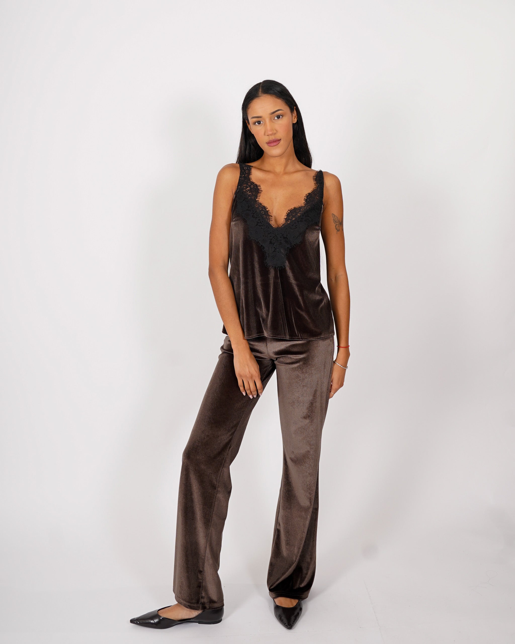 Top con profilo in pizzo macramè in velluto liscio - Tenace