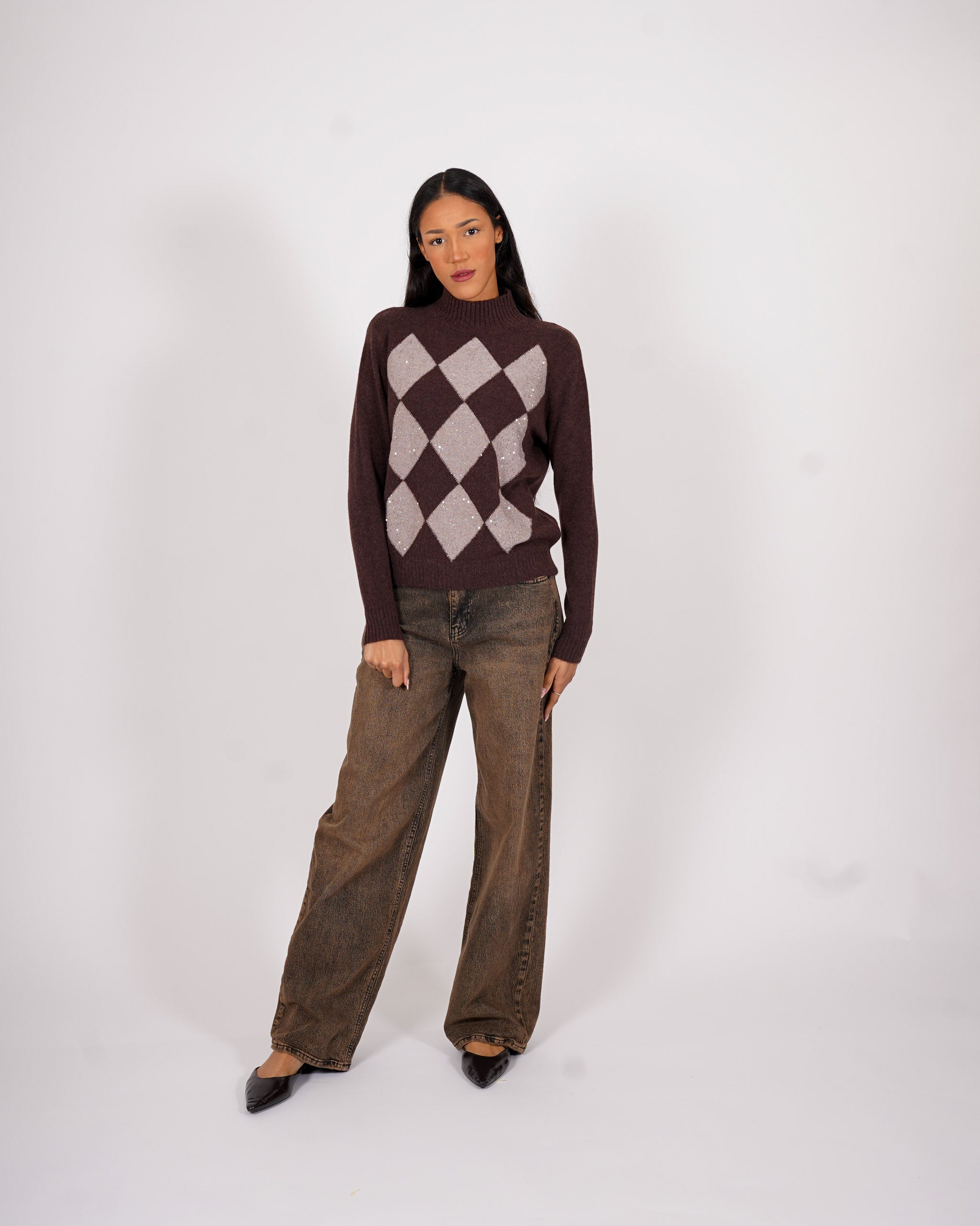 Maglia collo alto con losanghe e micropaillettes - Diversa