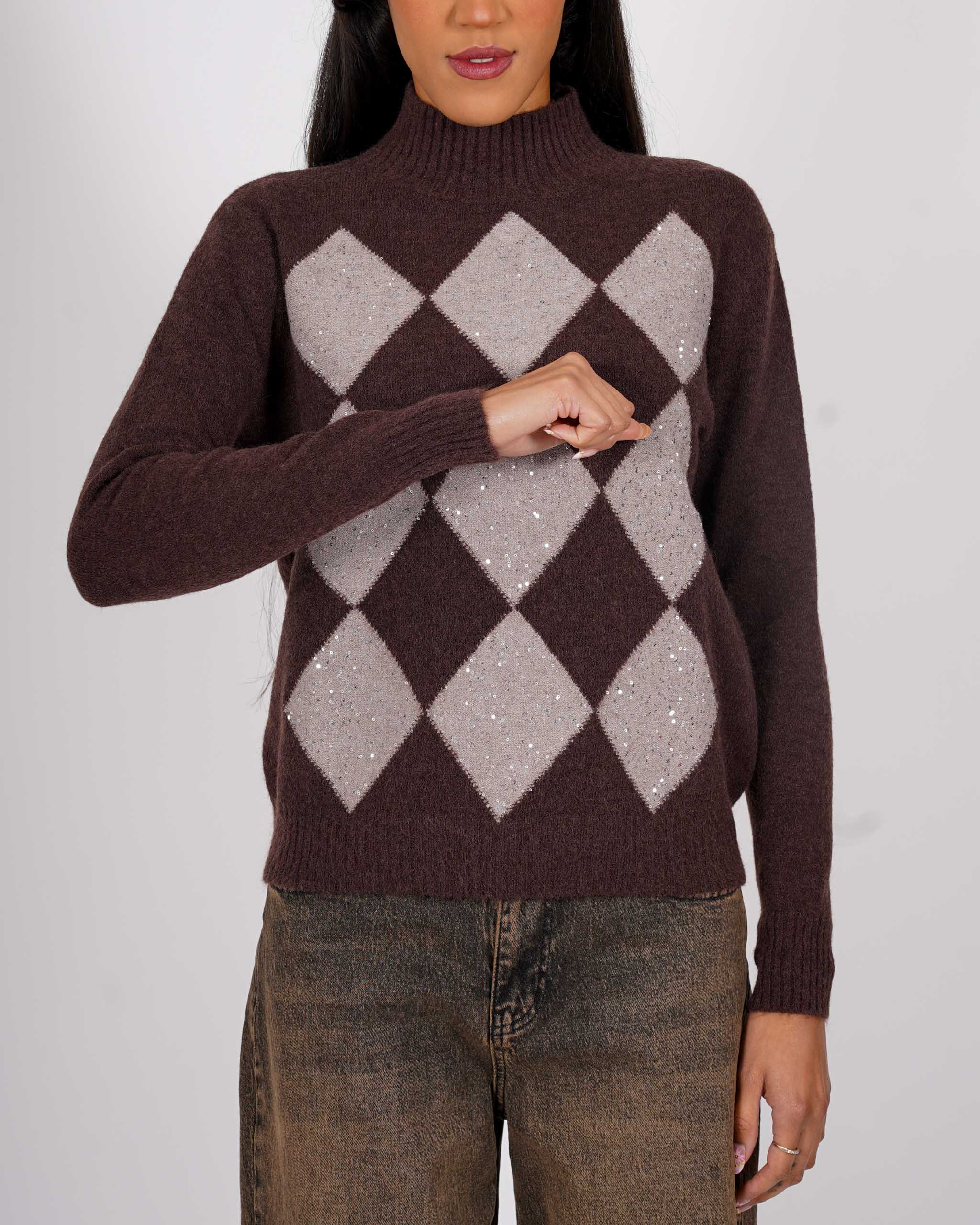 Maglia collo alto con losanghe e micropaillettes - Diversa