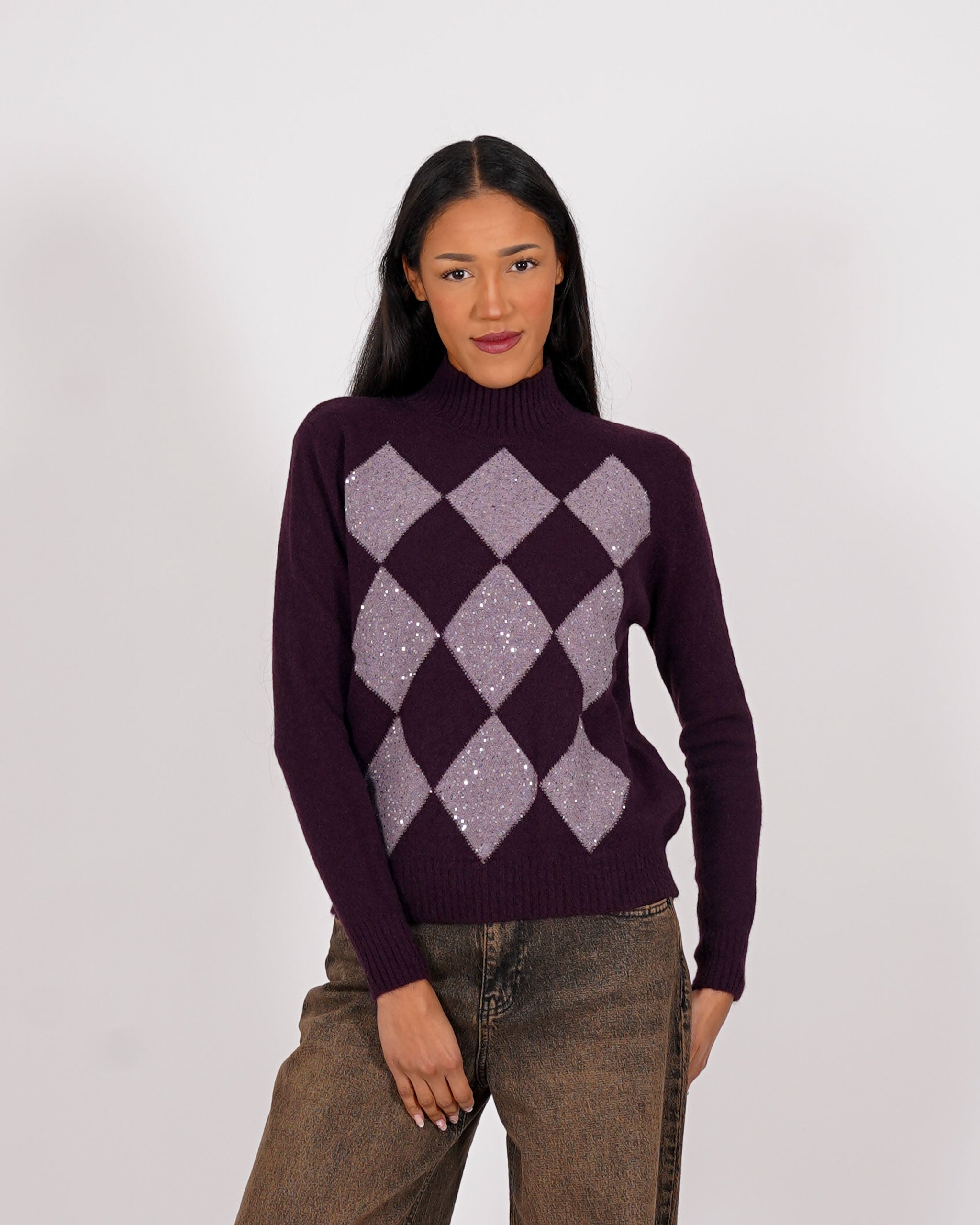 Maglia collo alto con losanghe e micropaillettes - Diversa