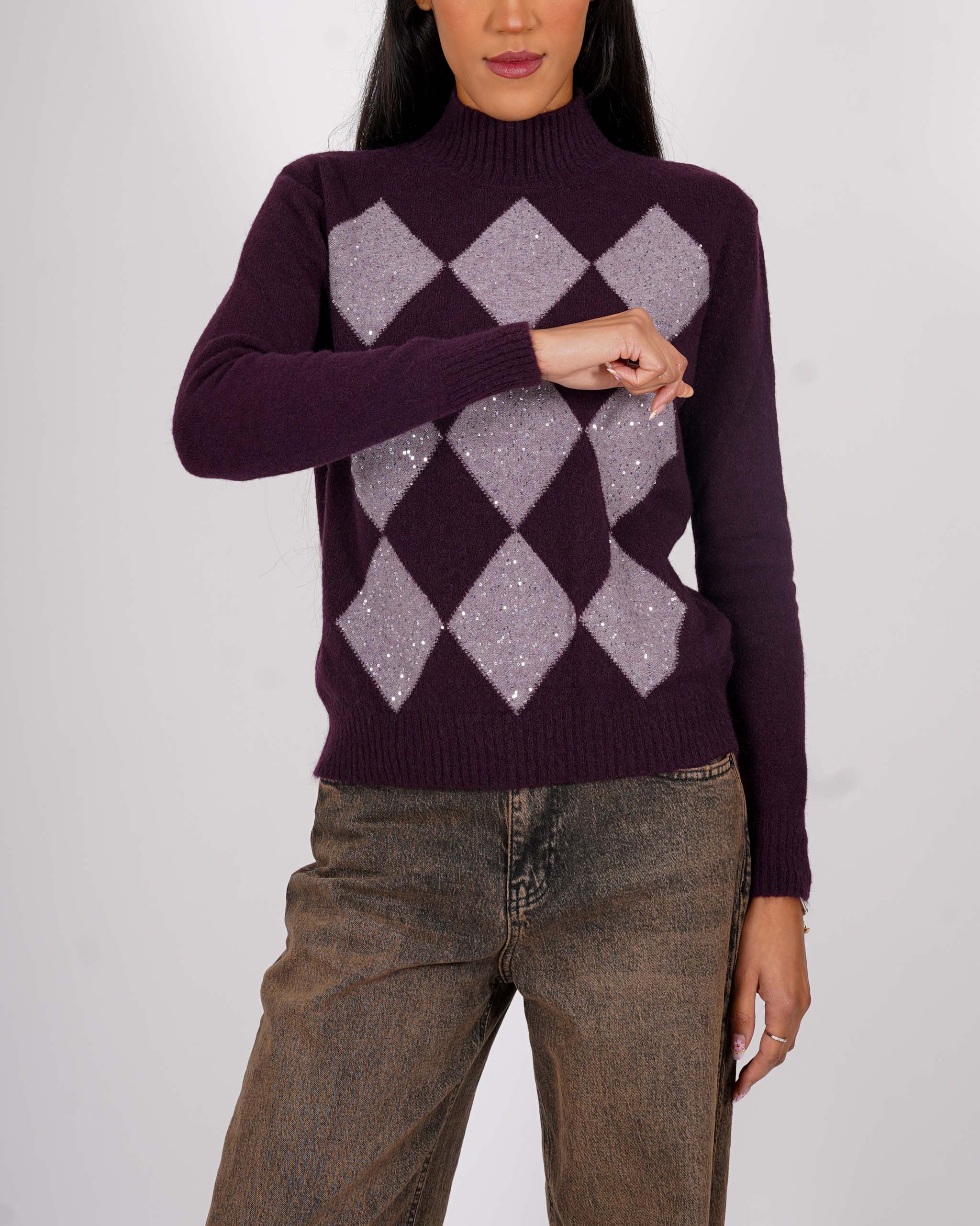 Maglia collo alto con losanghe e micropaillettes - Diversa