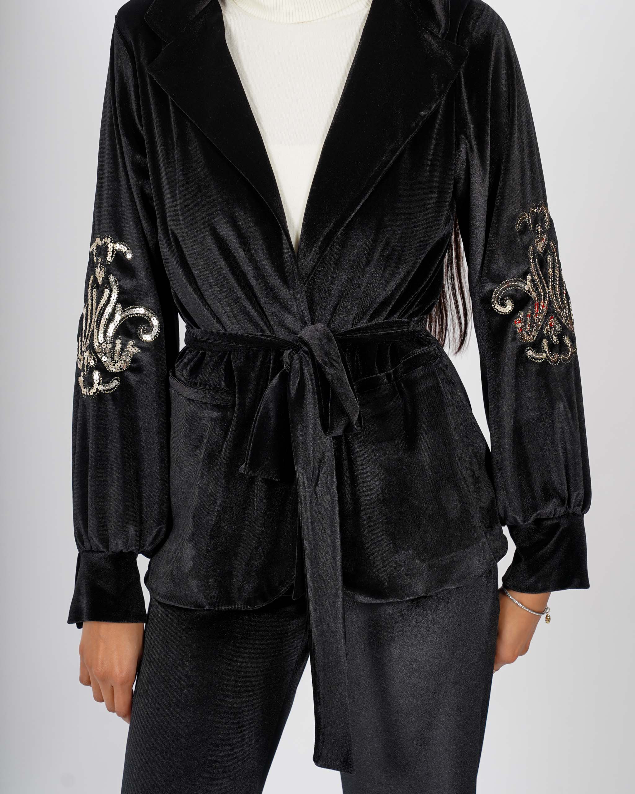 Giacca monopetto con cintura e ricamo in velluto liscio - Sporadica