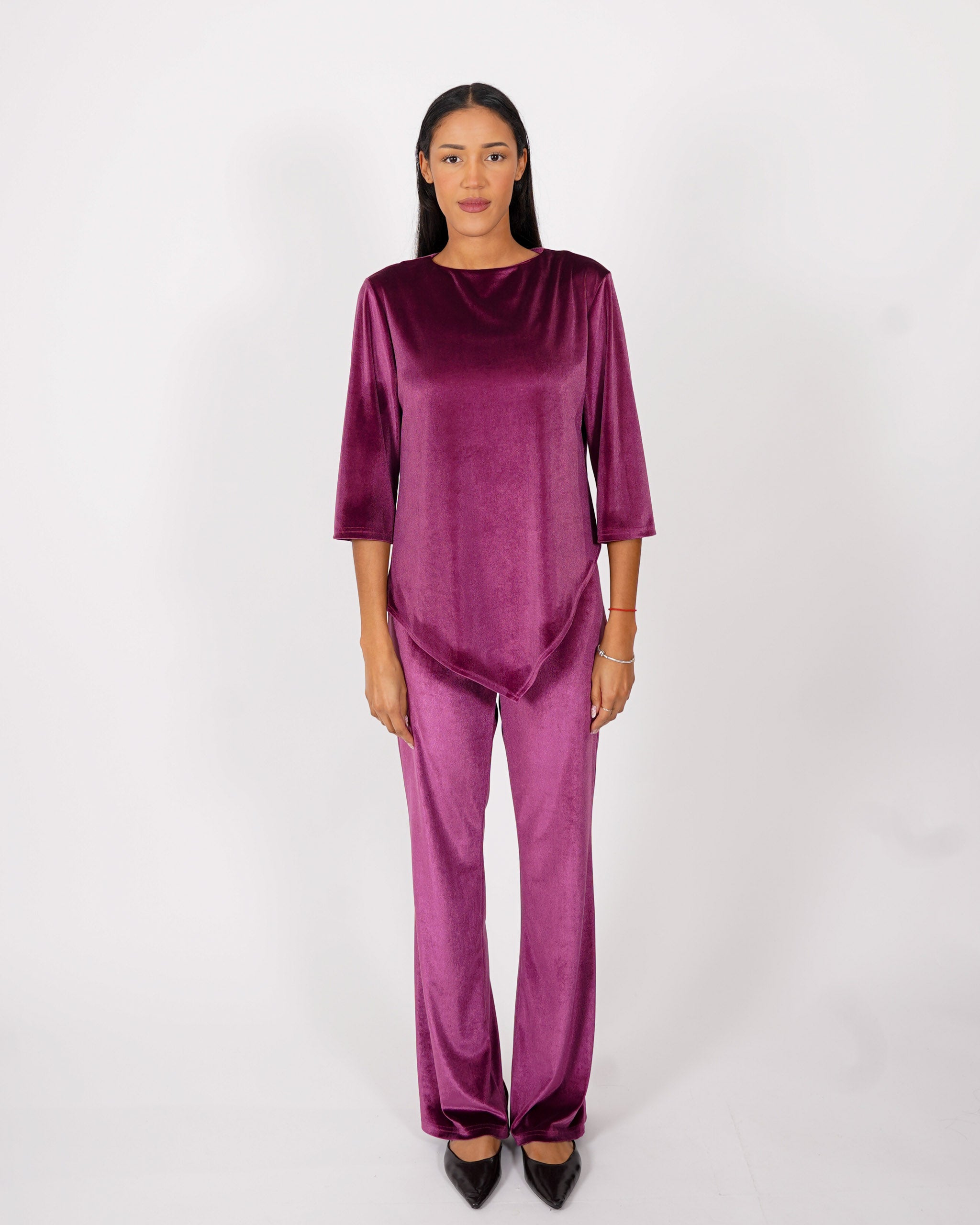 Blusa girocollo manica 3/4 in velluto liscio - Furba