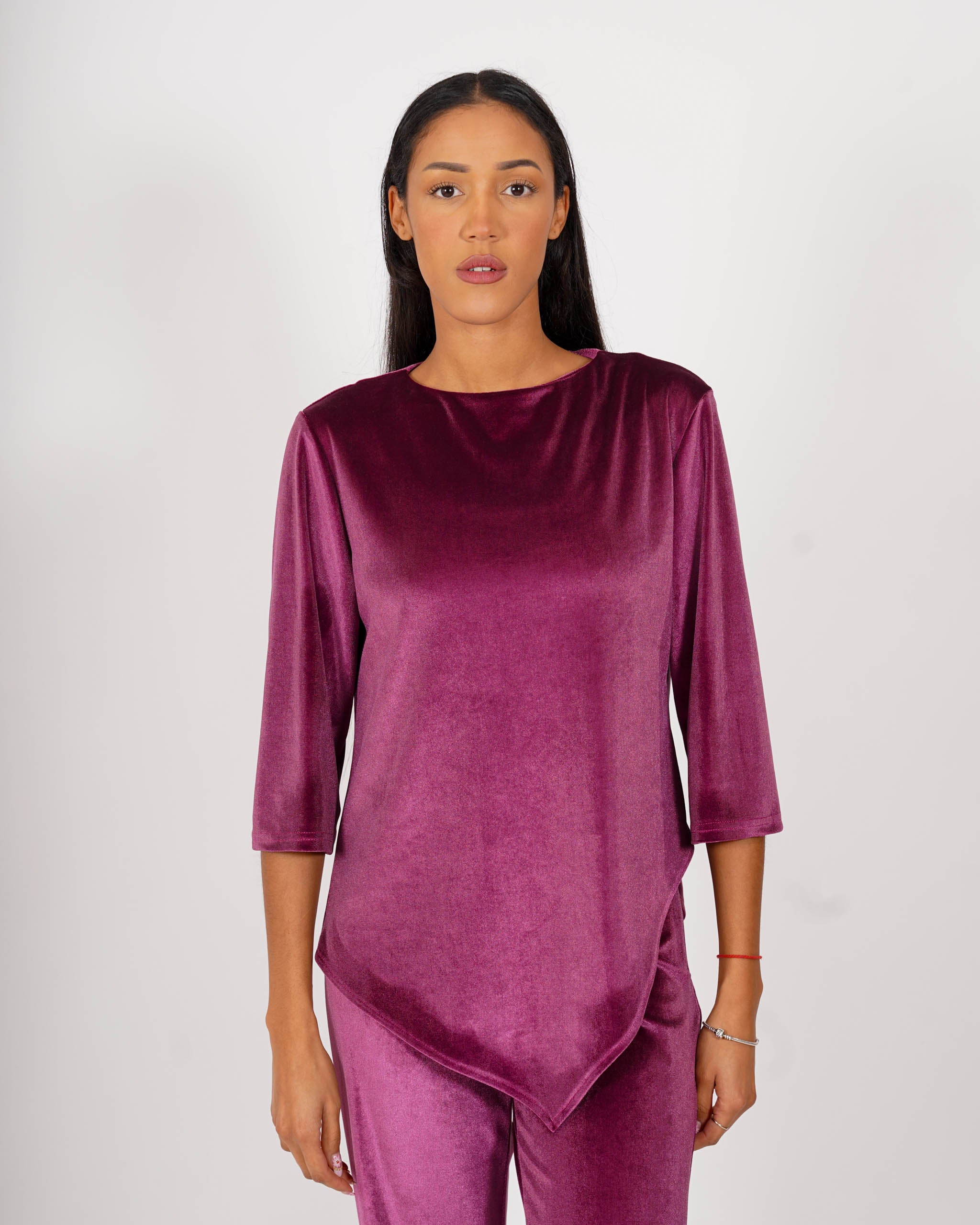 Blusa girocollo manica 3/4 in velluto liscio - Furba