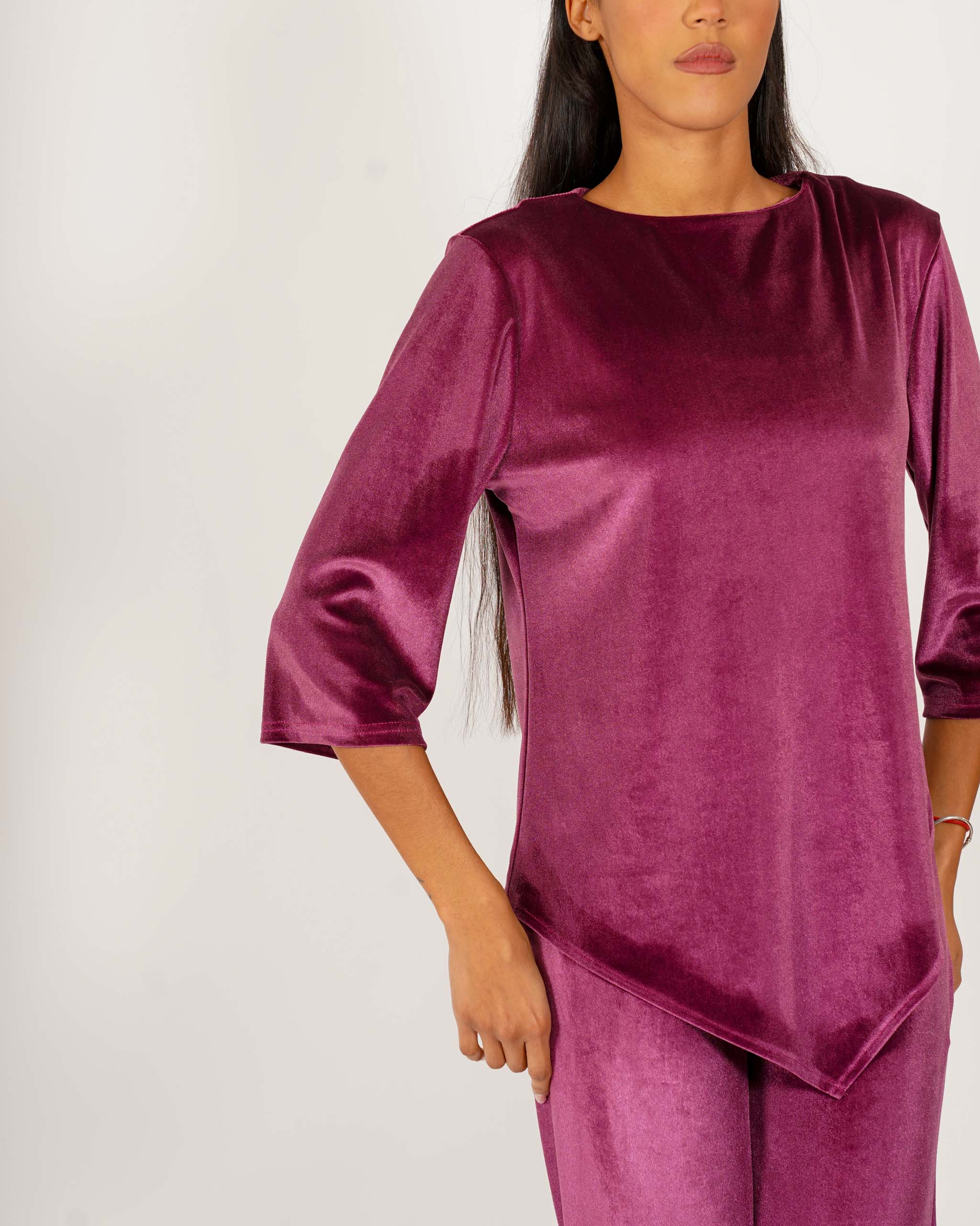 Blusa girocollo manica 3/4 in velluto liscio - Furba