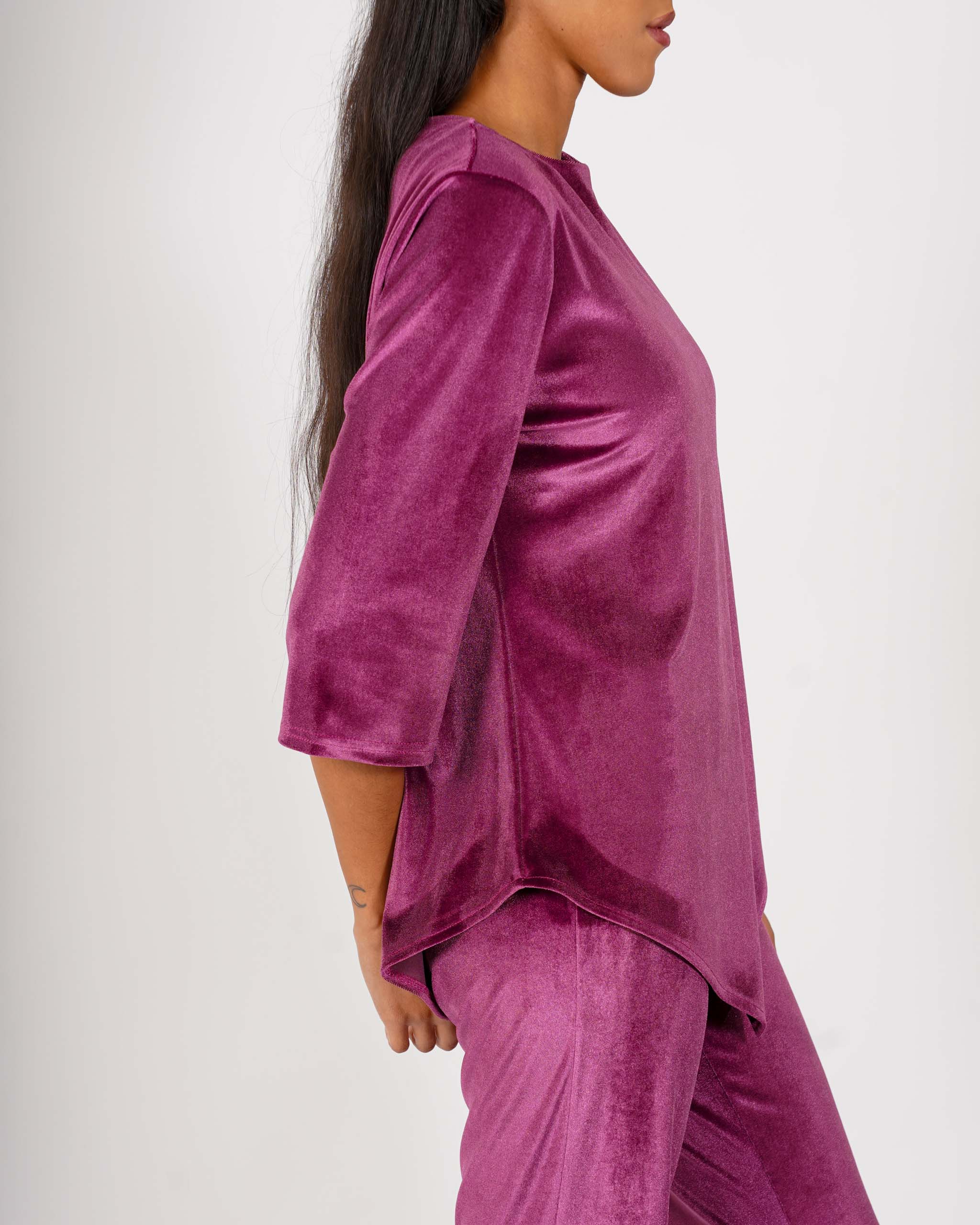 Blusa girocollo manica 3/4 in velluto liscio - Furba