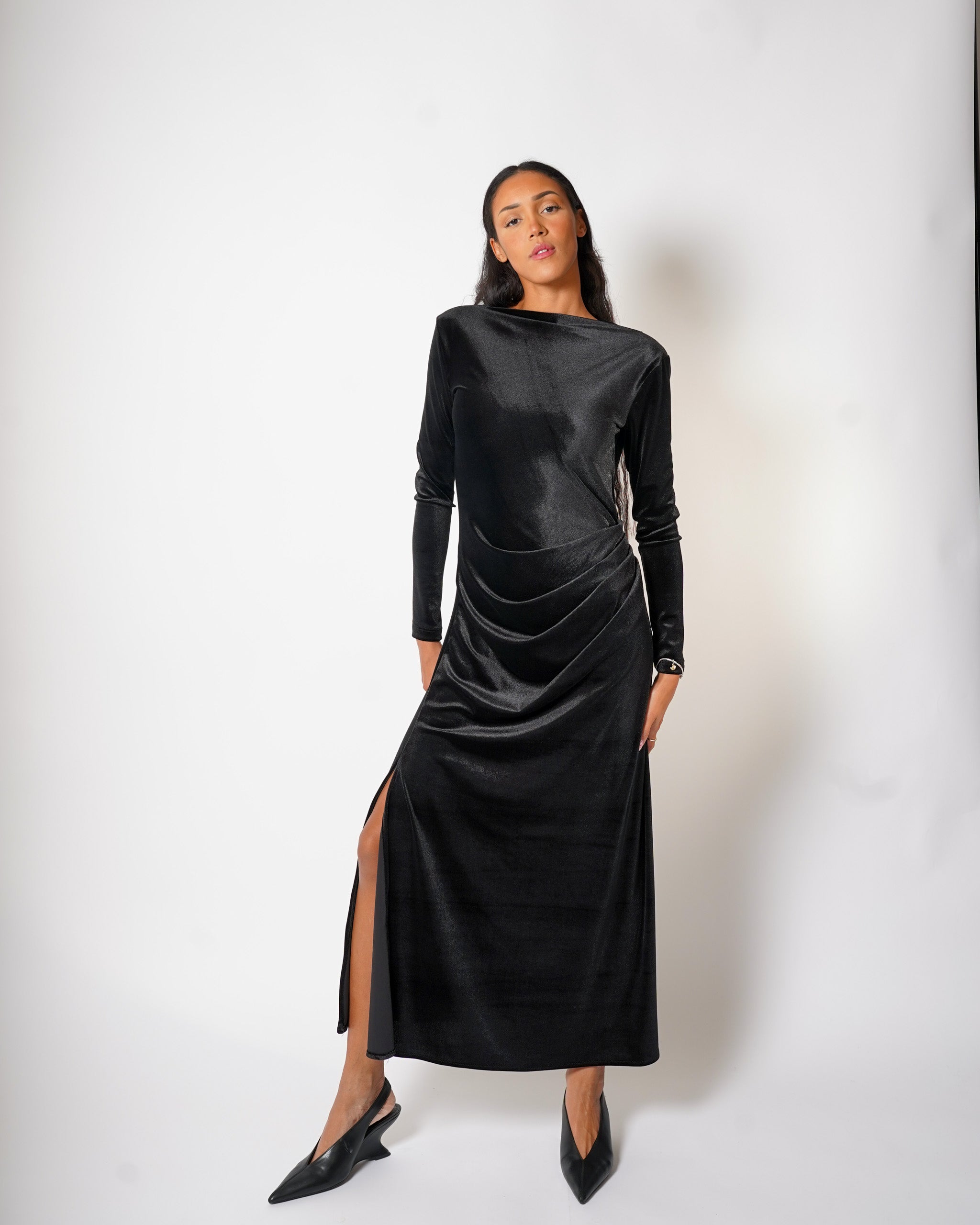 Abito lungo con spacco in velluto liscio - Delusa