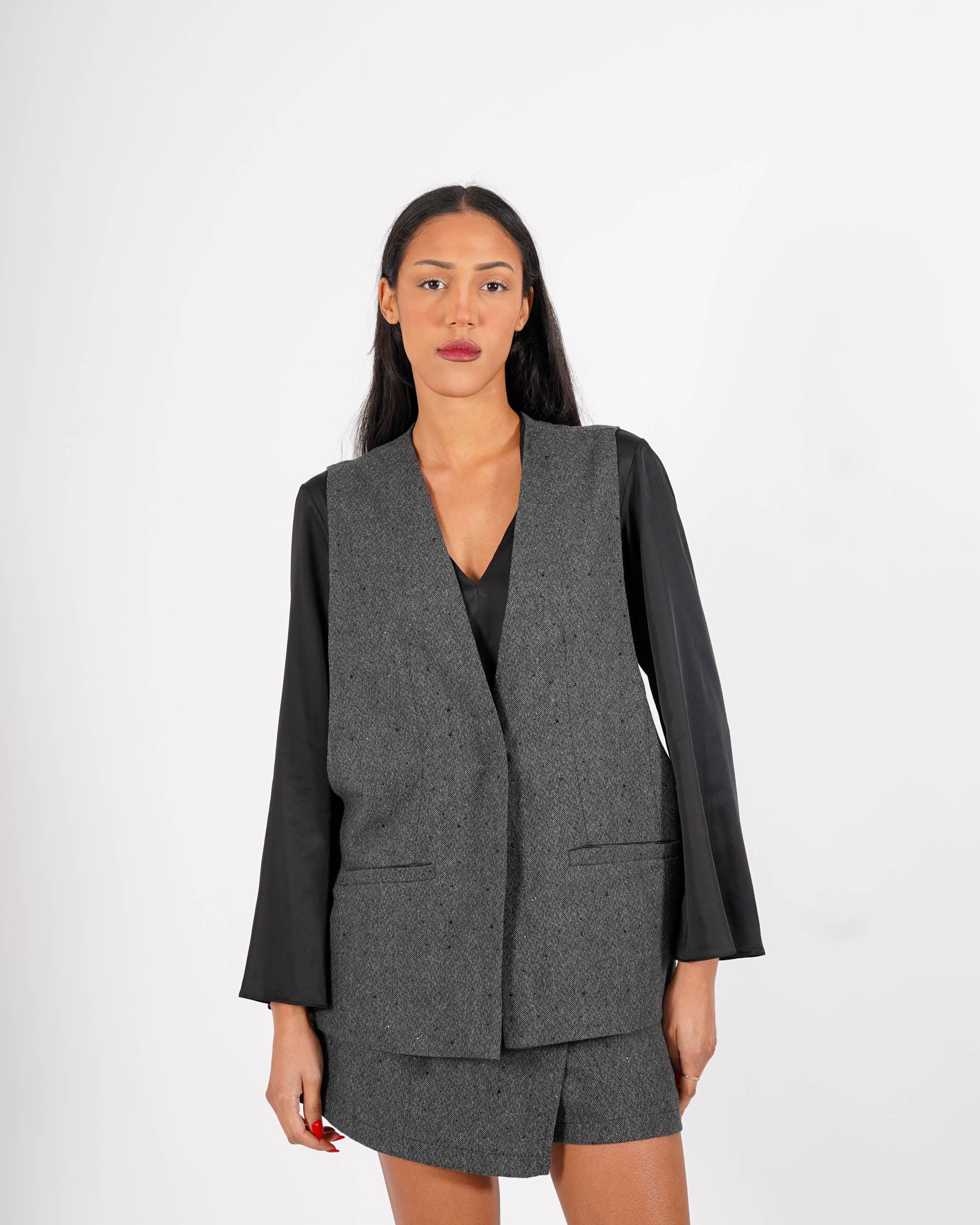 Gilet over in tessuto spigato con applicazioni - Celestine