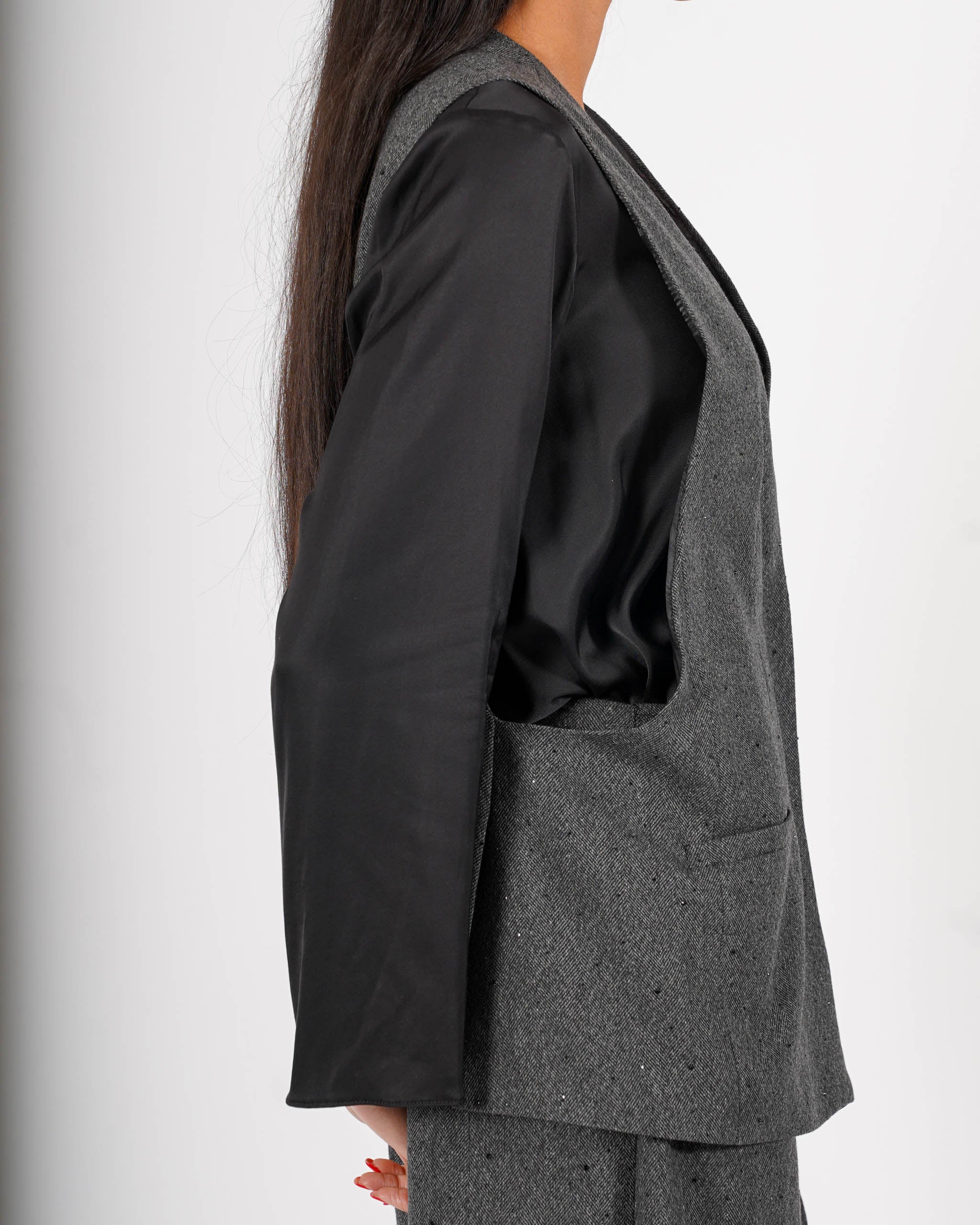 Gilet over in tessuto spigato con applicazioni - Celestine