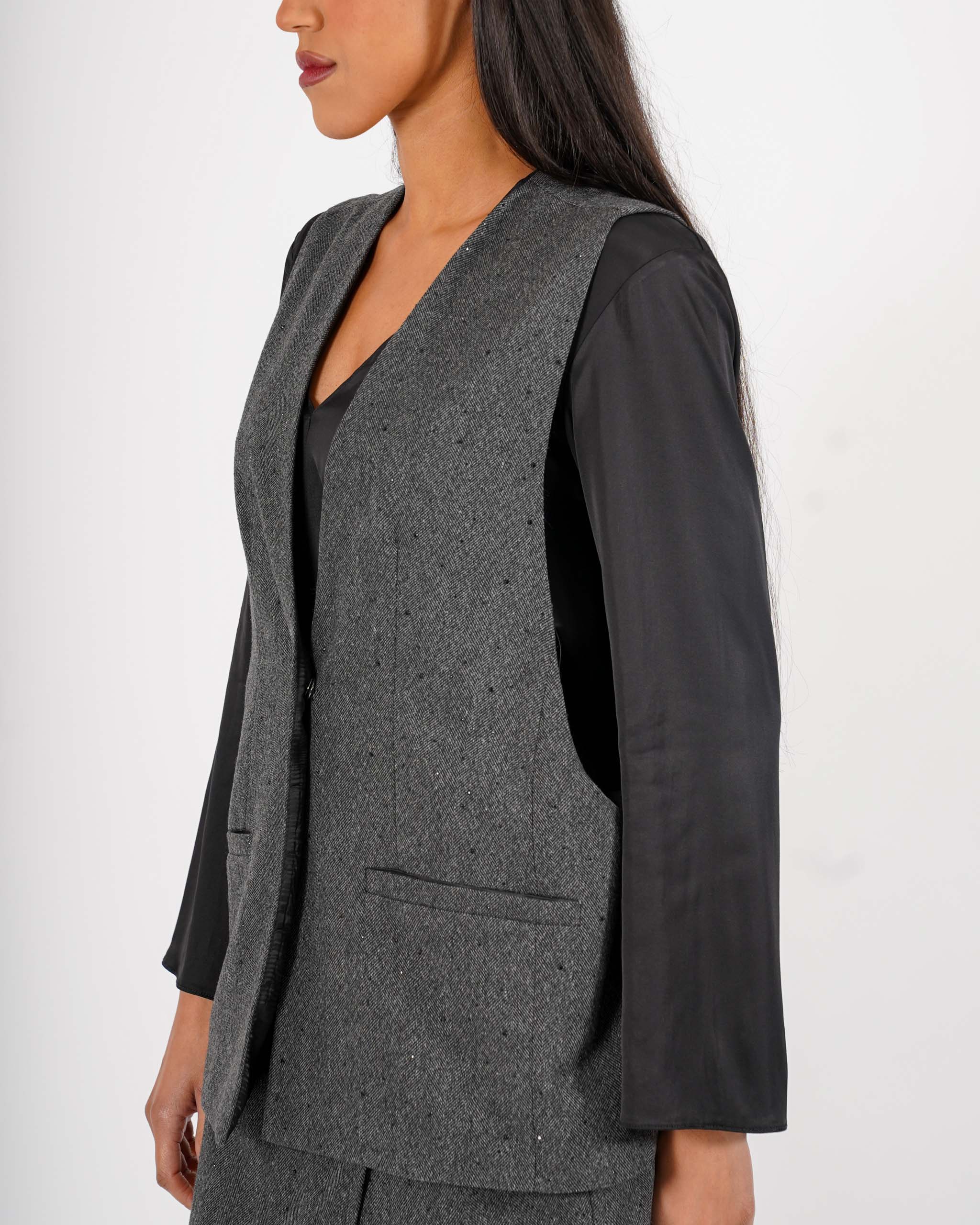 Gilet over in tessuto spigato con applicazioni - Celestine