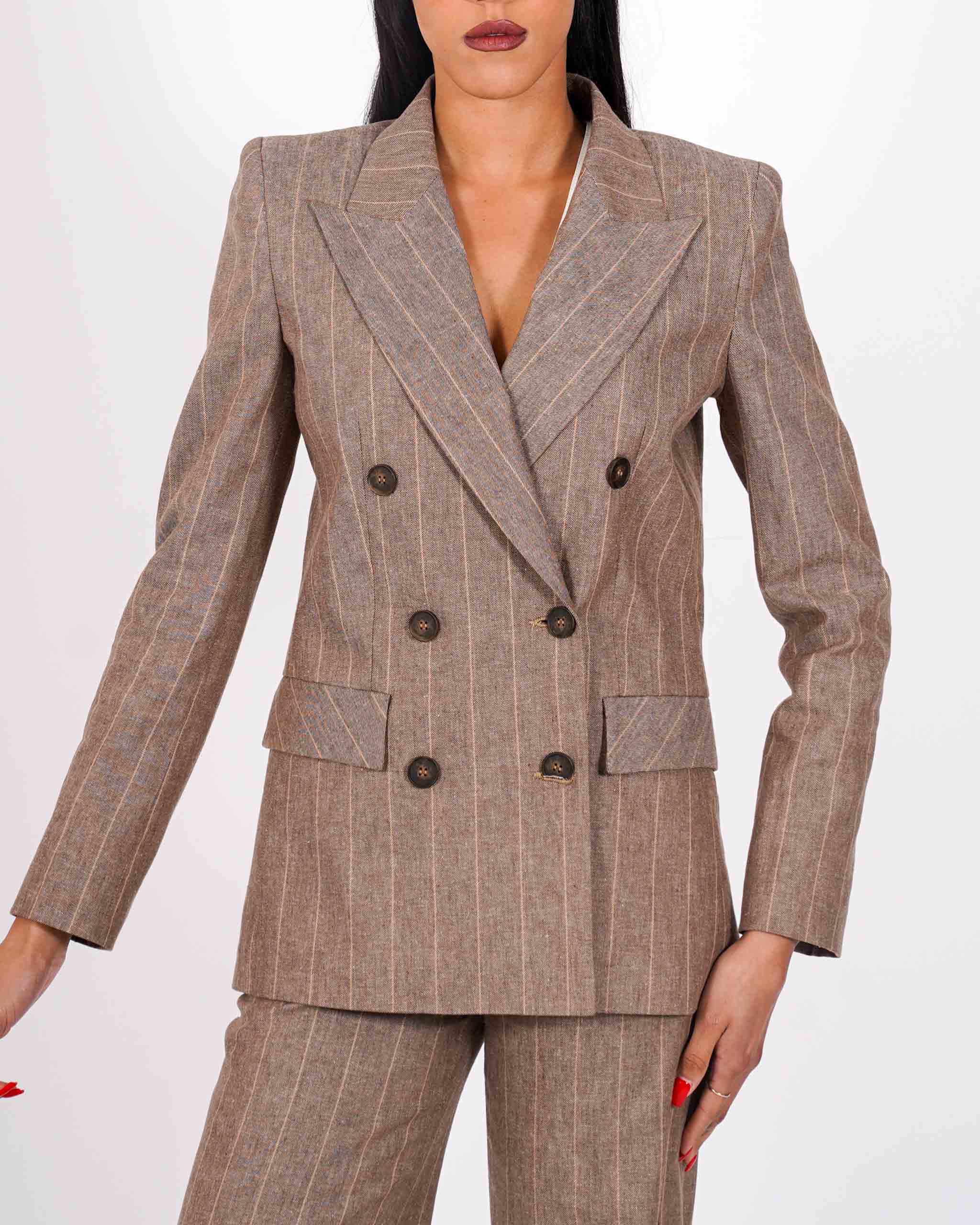 Giacca gessata doppio petto con sei bottoni in ecofibra - Tiffany