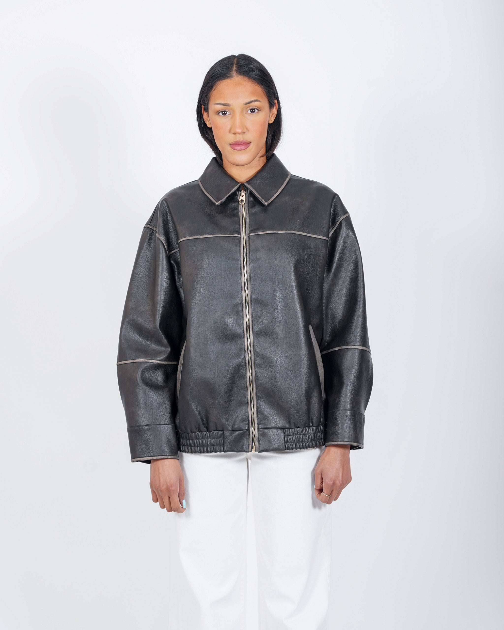 Bomber liscio con profilo in contrasto in ecopelle - Clementina