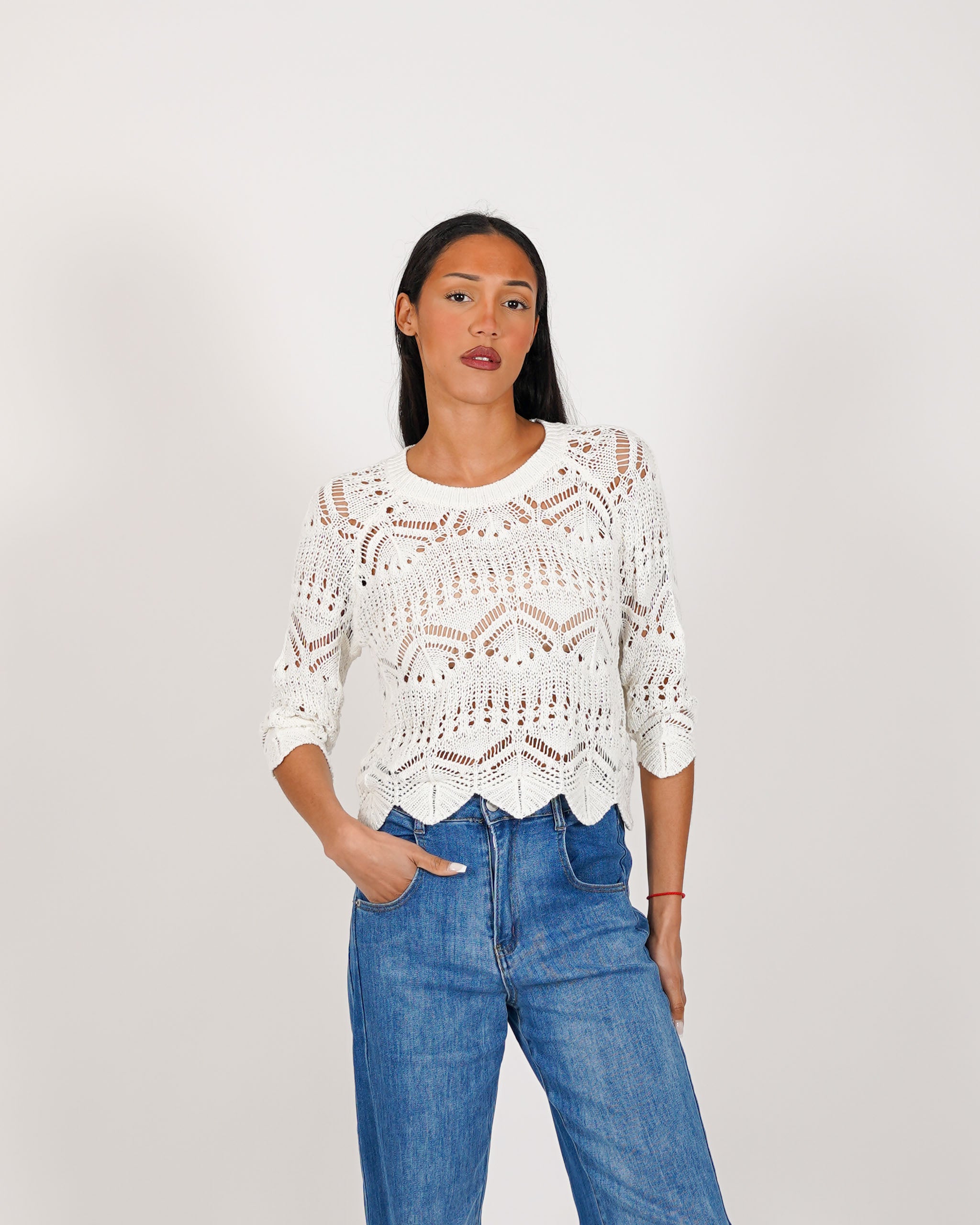 Maglia manica 3/4 in macramè di cotone - Famiana