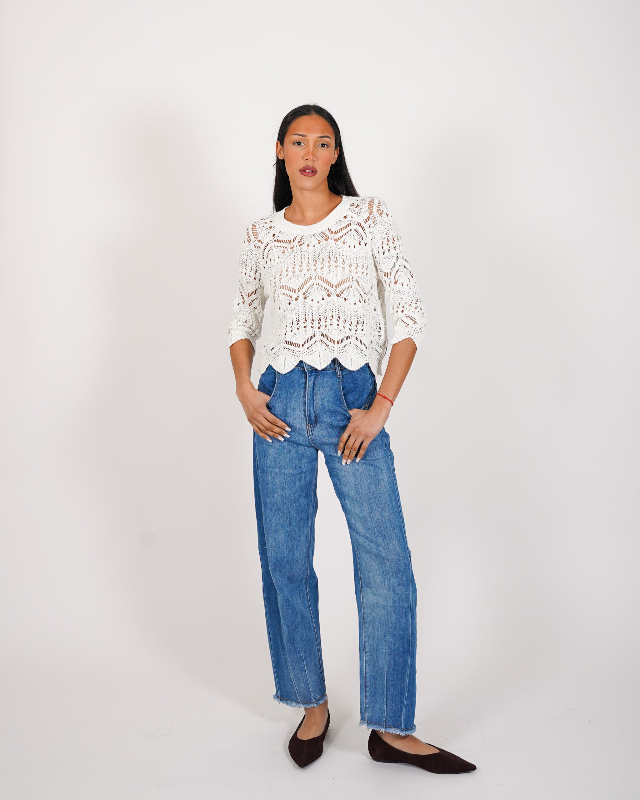 Maglia manica 3/4 in macramè di cotone - Famiana