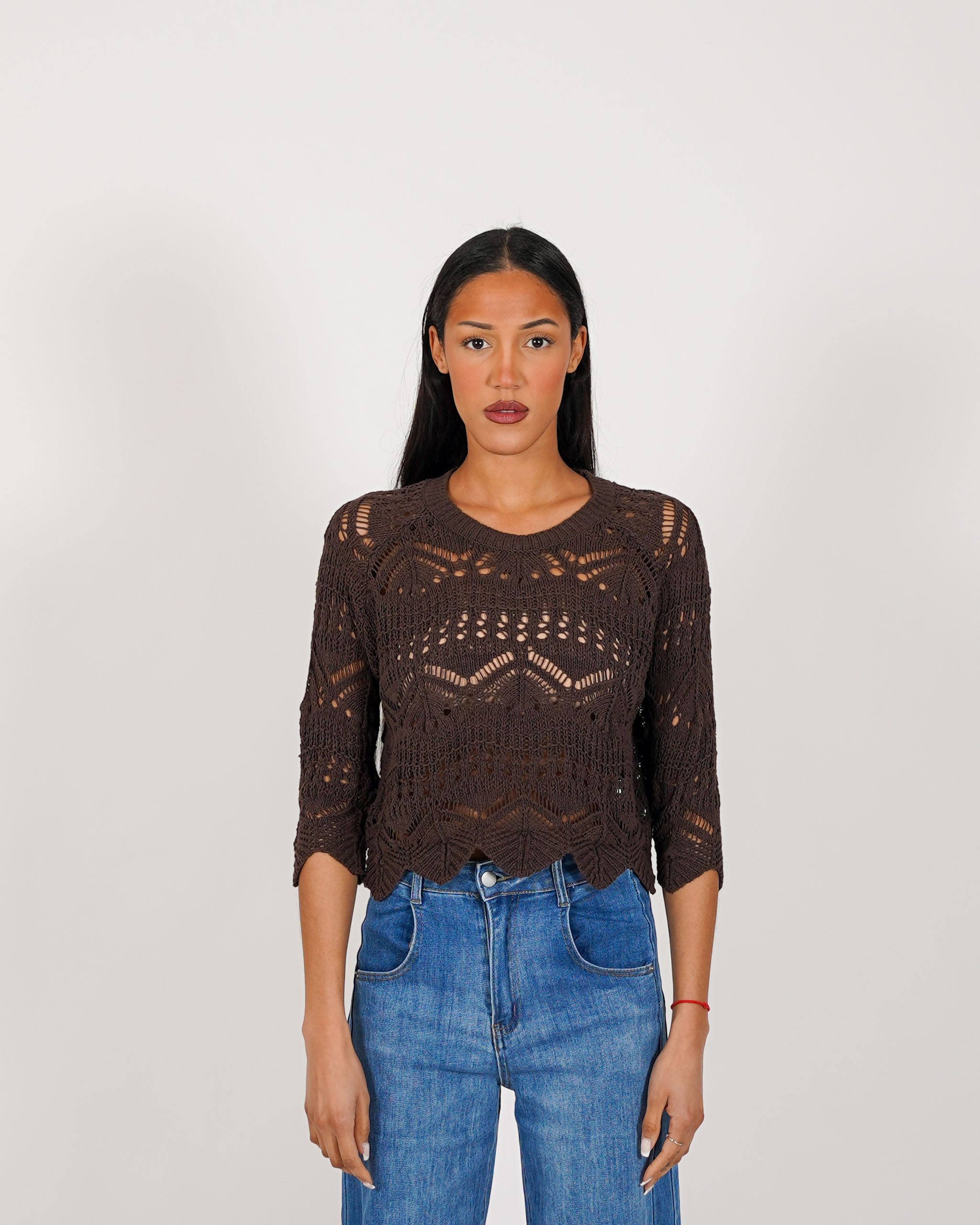 Maglia manica 3/4 in macramè di cotone - Famiana