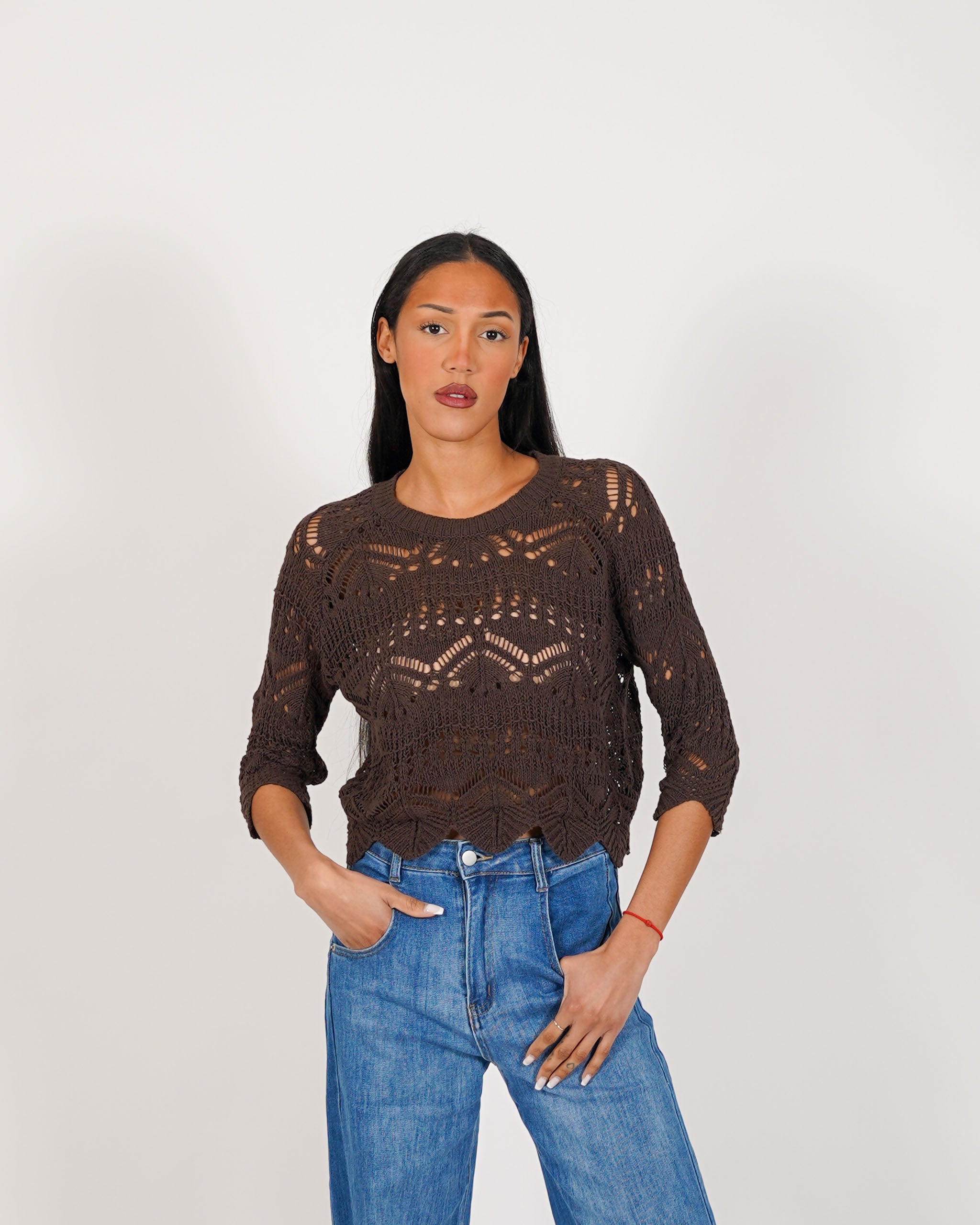 Maglia manica 3/4 in macramè di cotone - Famiana