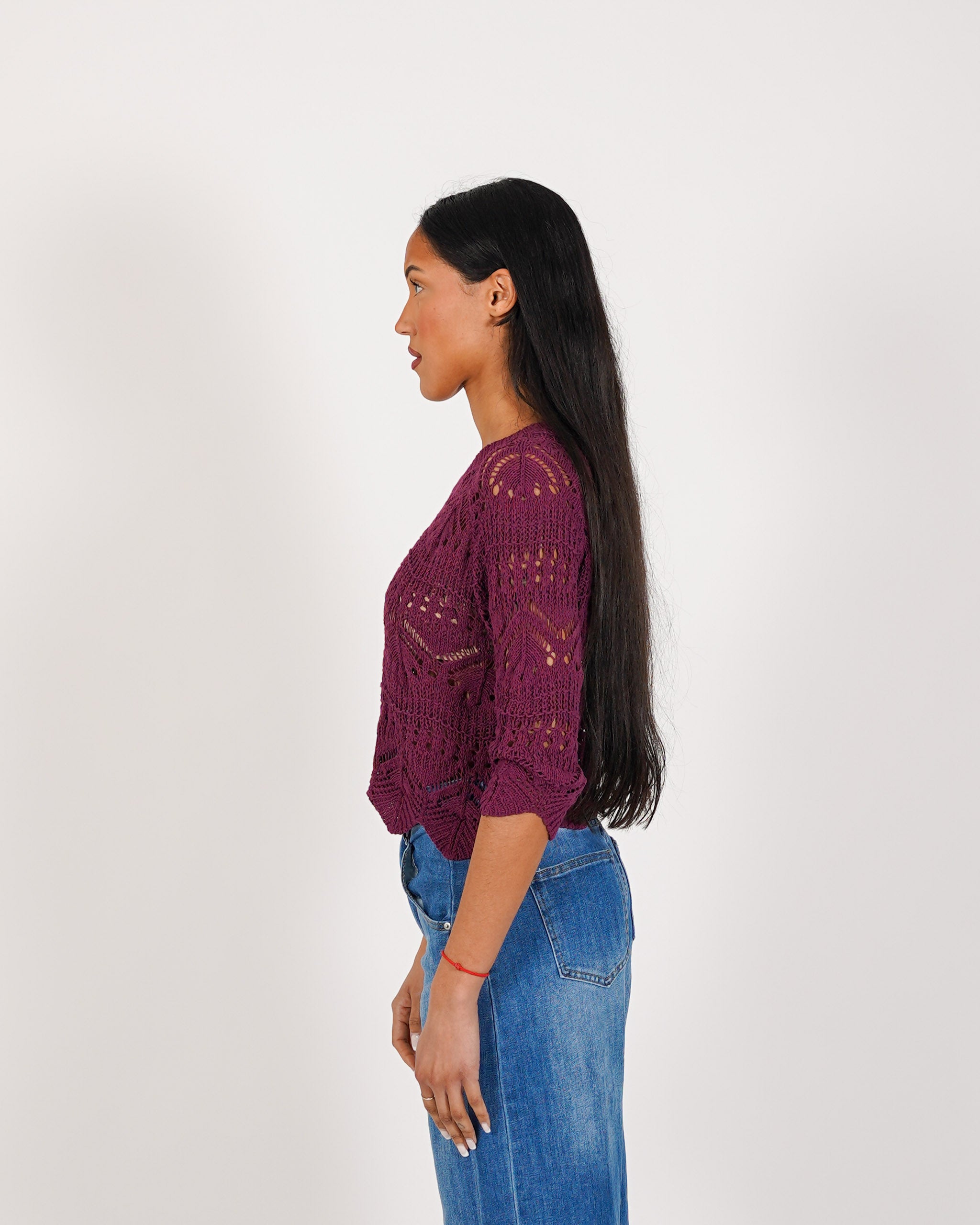 Maglia manica 3/4 in macramè di cotone - Famiana