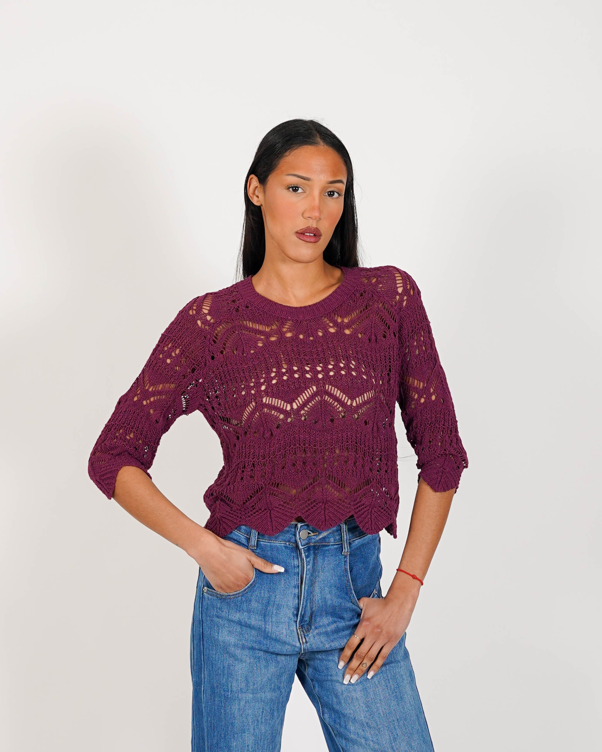 Maglia manica 3/4 in macramè di cotone - Famiana