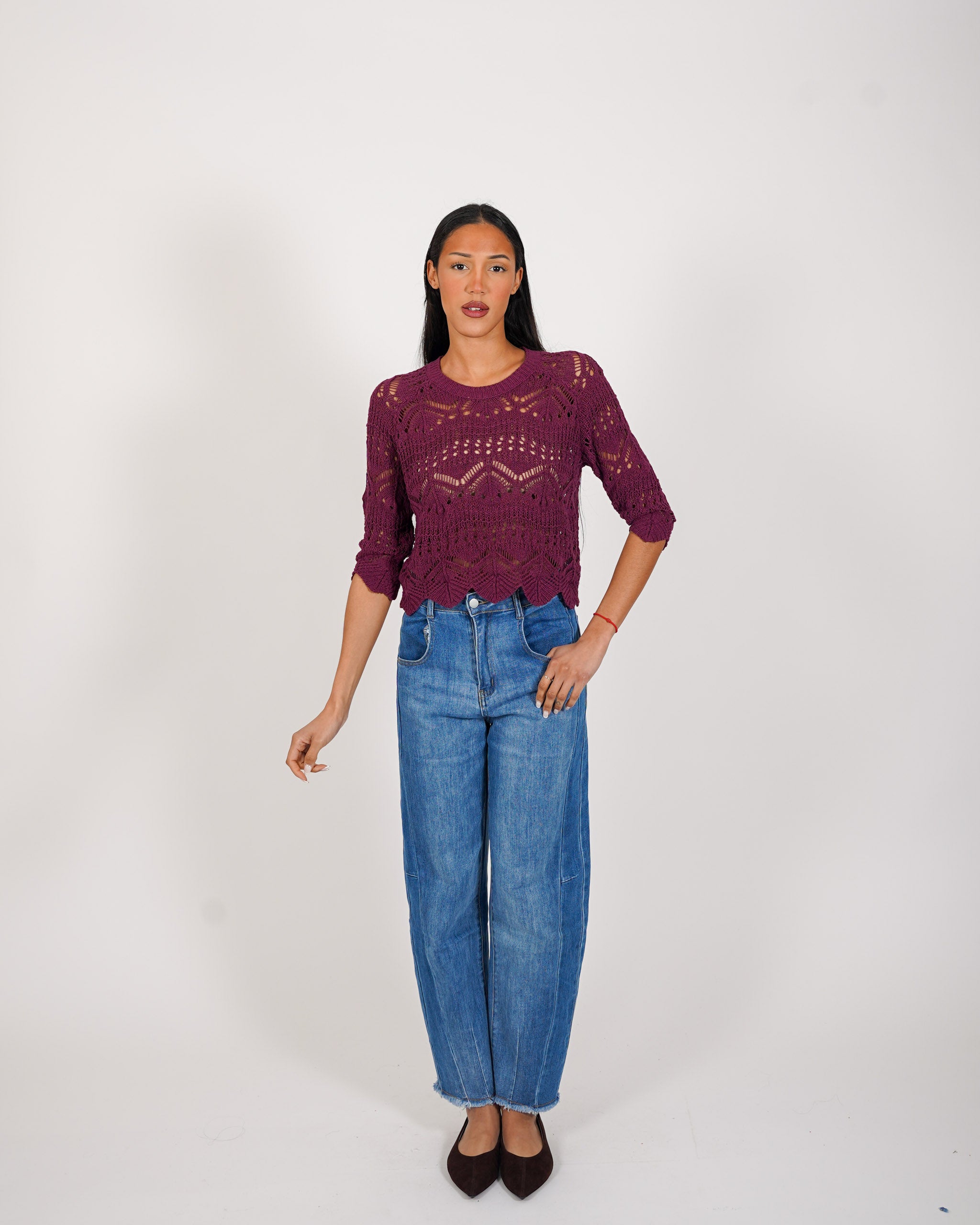 Maglia manica 3/4 in macramè di cotone - Famiana