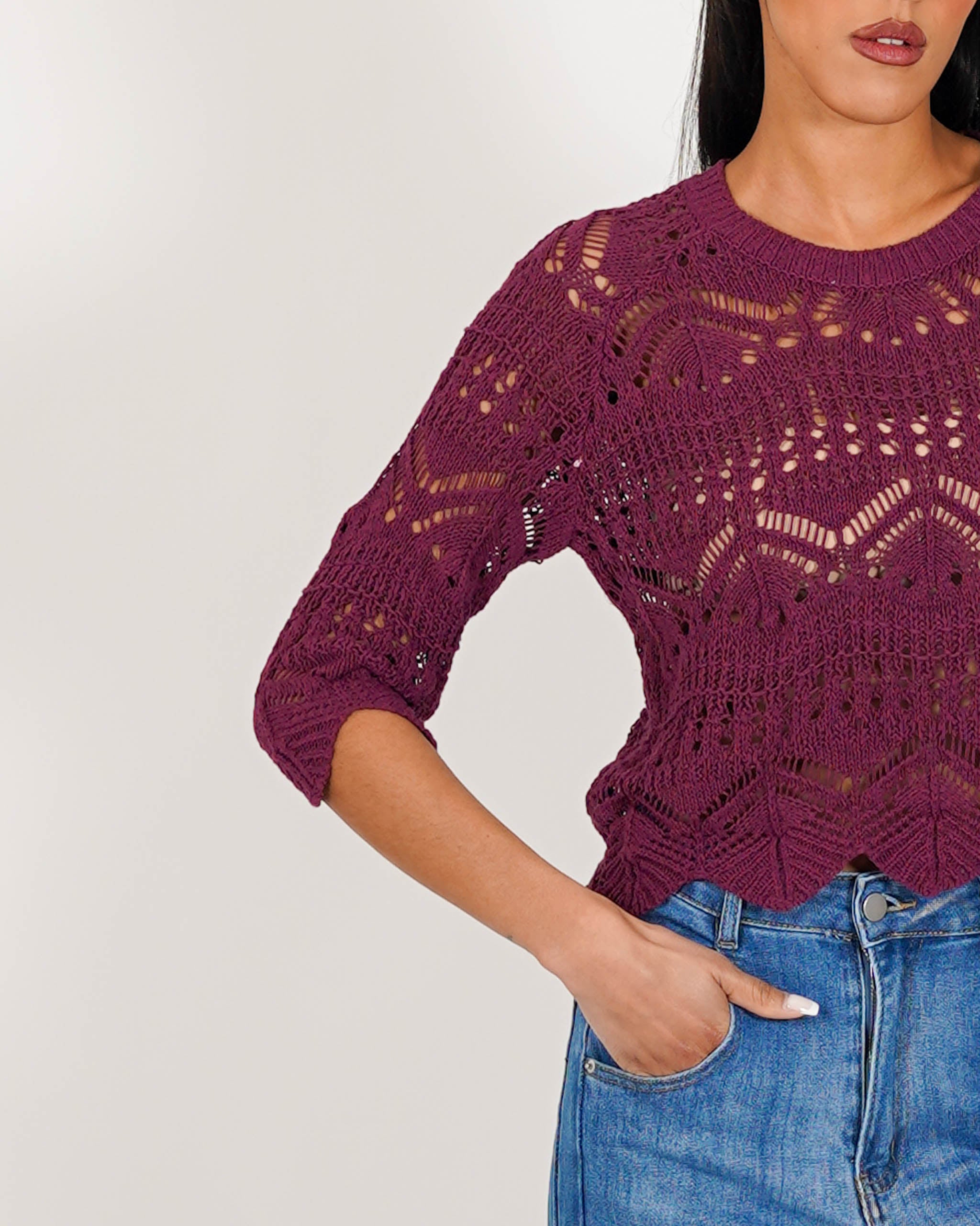 Maglia manica 3/4 in macramè di cotone - Famiana