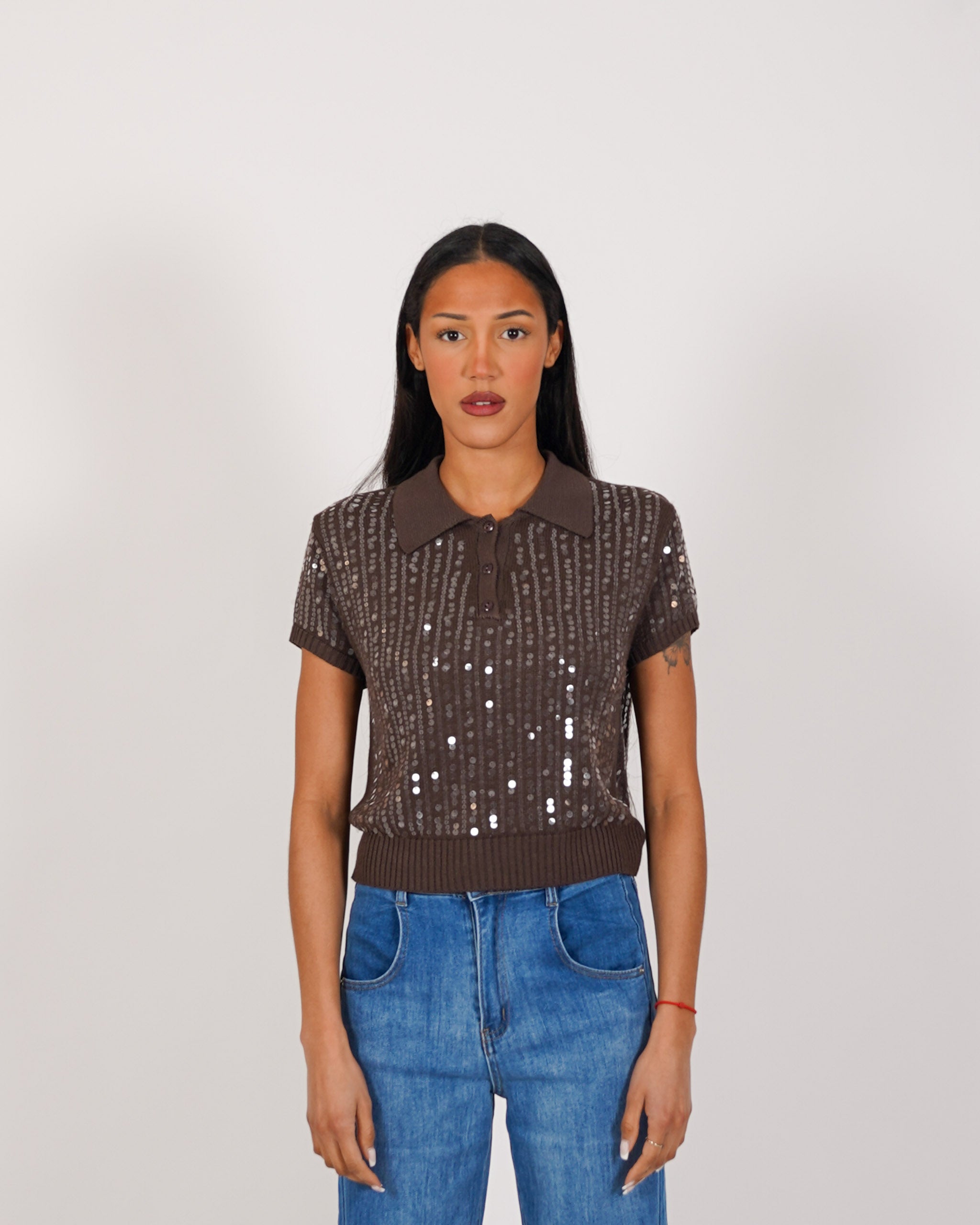 Polo mezza manica full paillettes in mano viscosa - Fantina